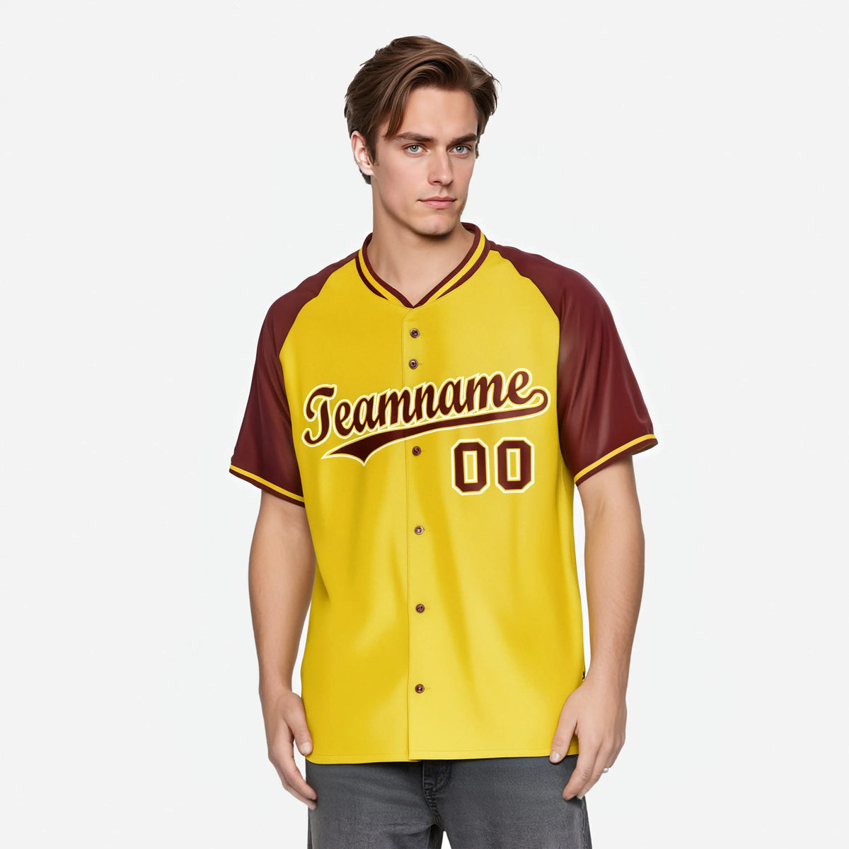 Custom Yellow Burgundy White Authentic Colored Buttons Baseball Jersey