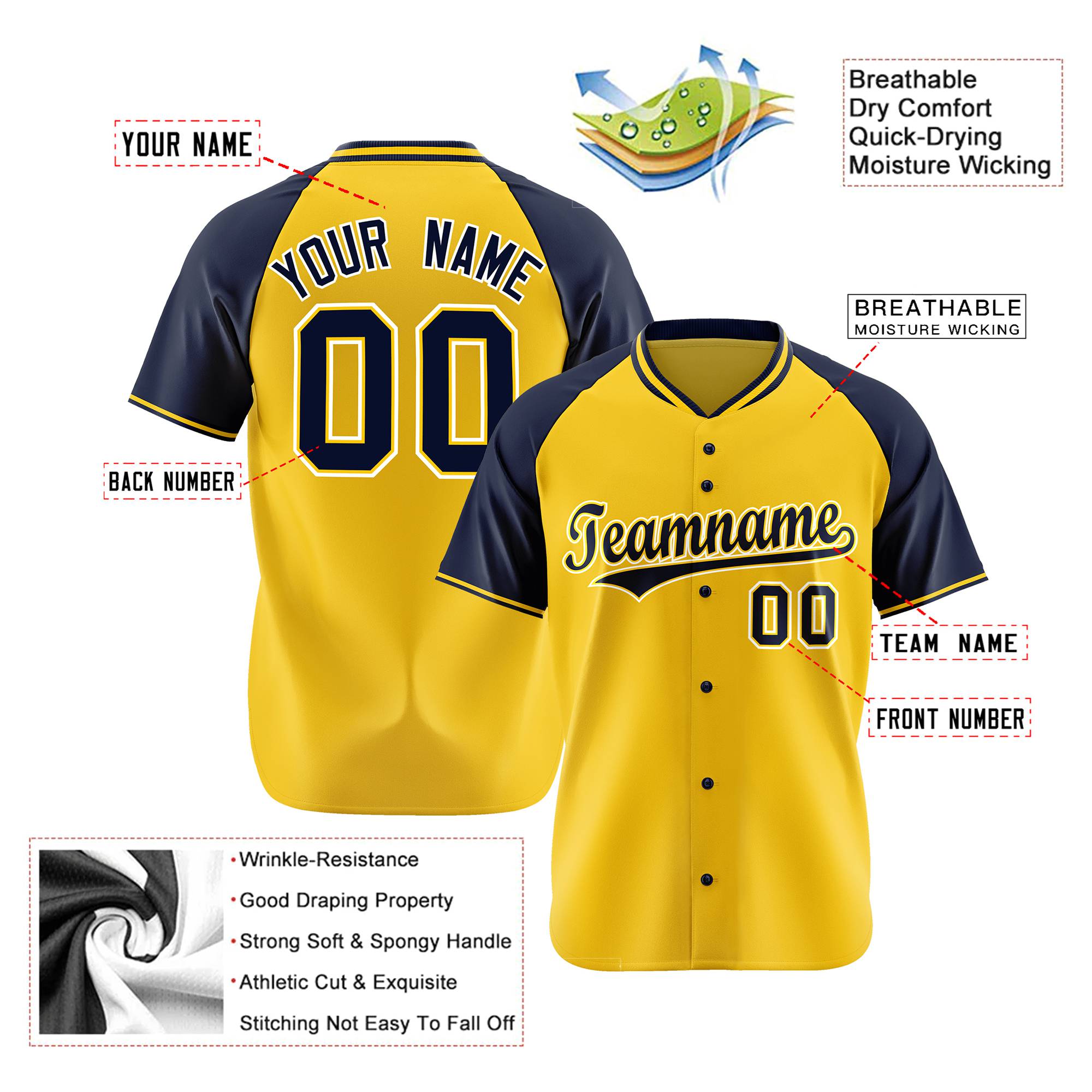 Custom Yellow Navy White Authentic Colored Buttons Baseball Jersey