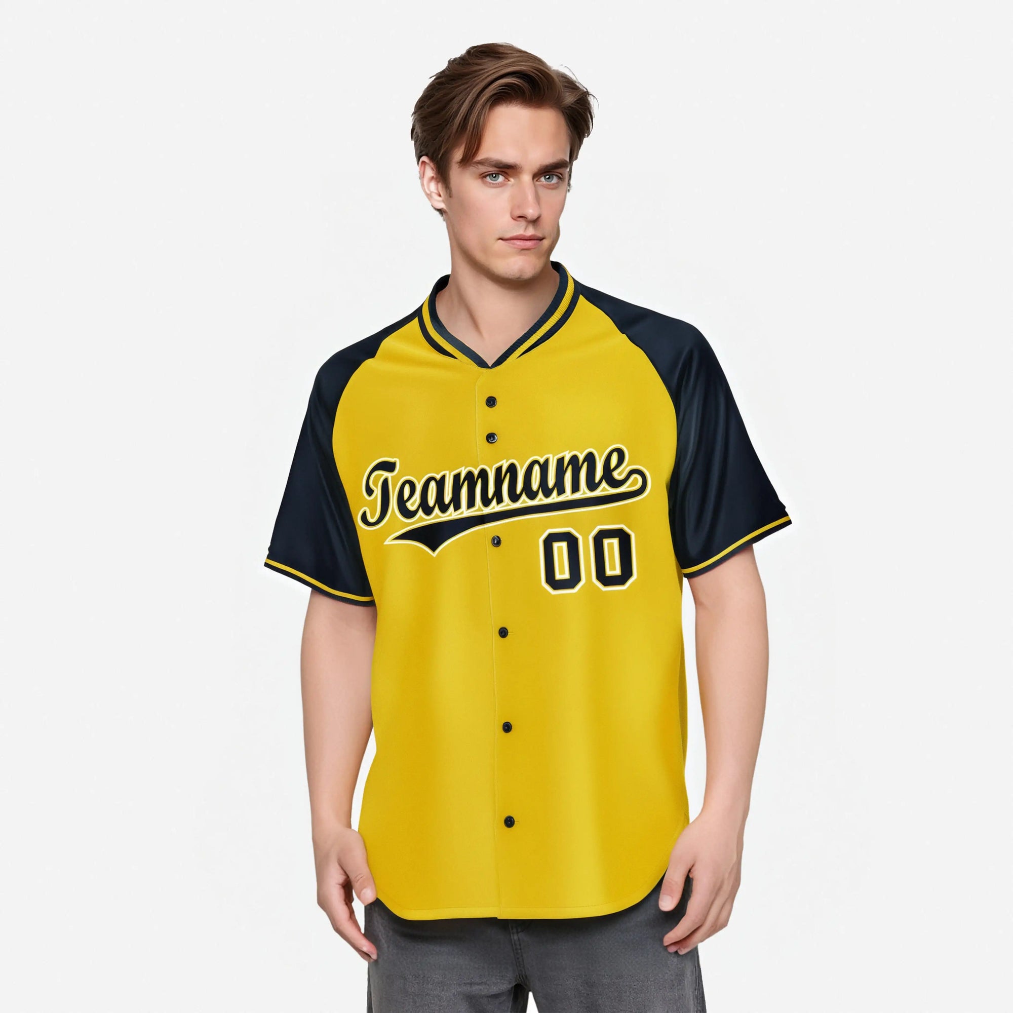 Custom Yellow Navy White Authentic Colored Buttons Baseball Jersey