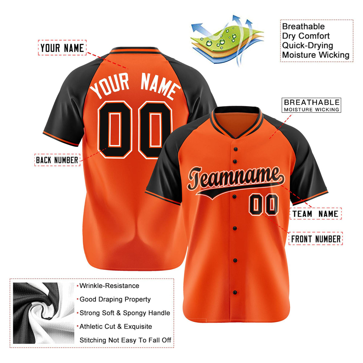 Custom Orange Black White Authentic Colored Buttons Baseball Jersey