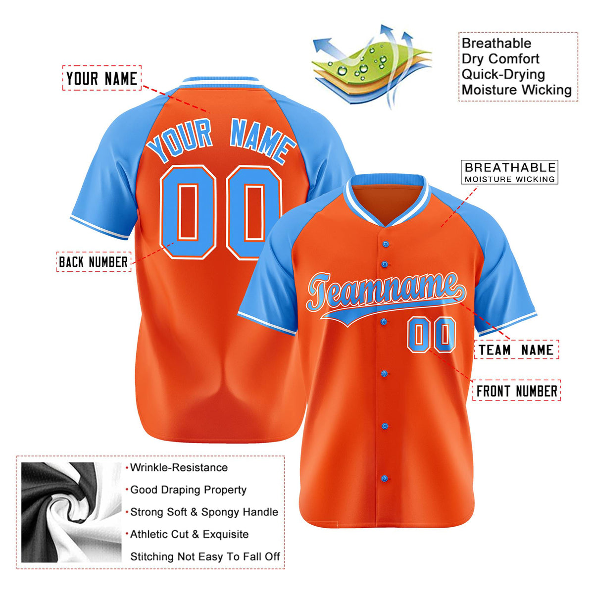 Custom Orange Blue White Authentic Colored Buttons Baseball Jersey