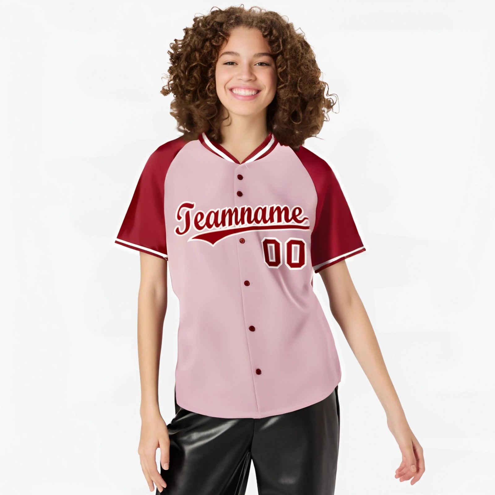 Custom Pink Red White Authentic Colored Buttons Baseball Jersey