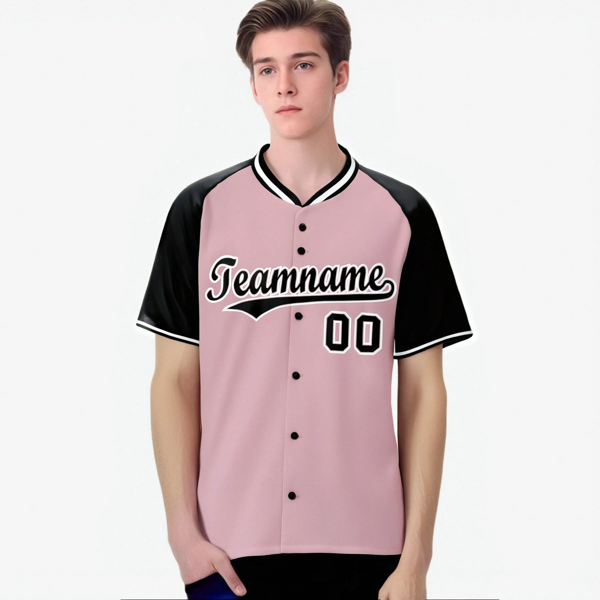 Custom Pink Black White Authentic Colored Buttons Baseball Jersey