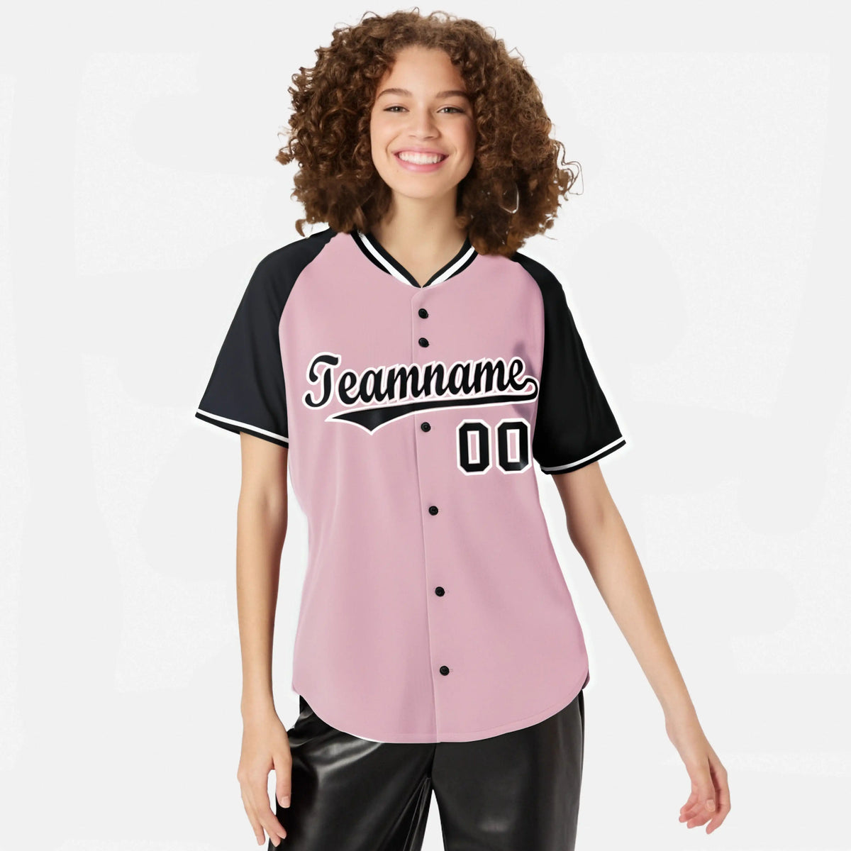 Custom Pink Black White Authentic Colored Buttons Baseball Jersey