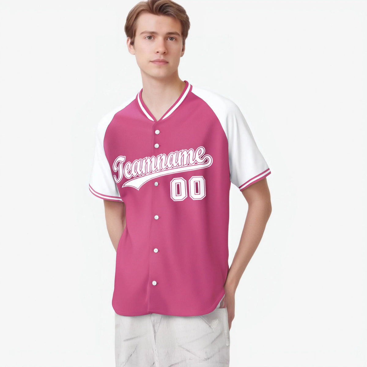 Custom Pink White Authentic Colored Buttons Baseball Jersey