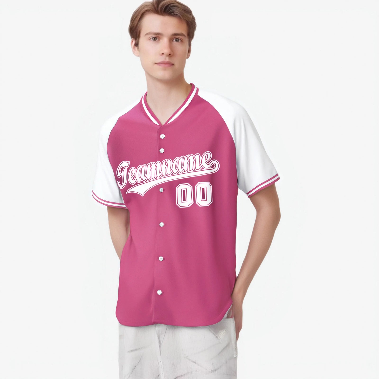 Custom Pink White Authentic Colored Buttons Baseball Jersey