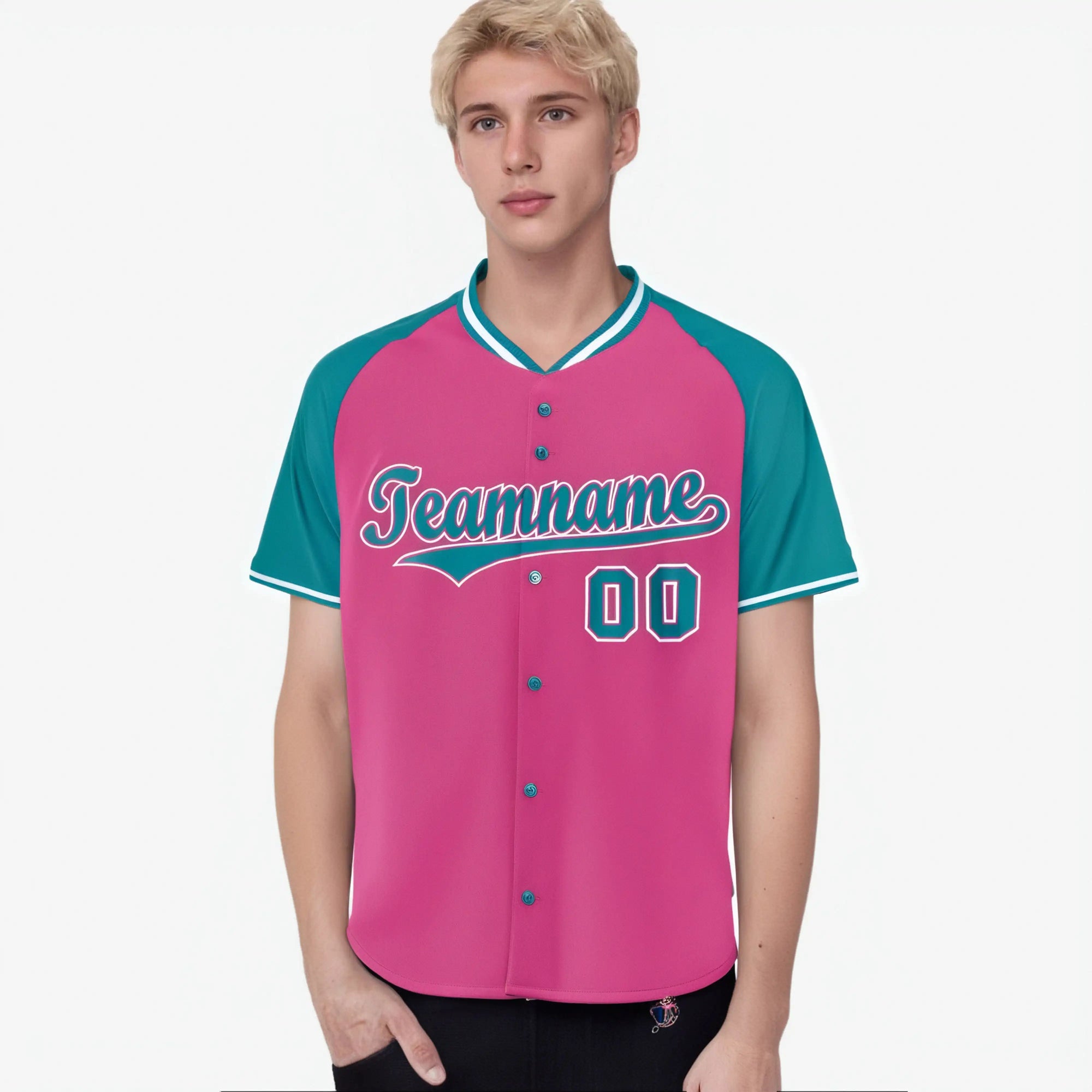 Custom Pink Aqua White Authentic Colored Buttons Baseball Jersey