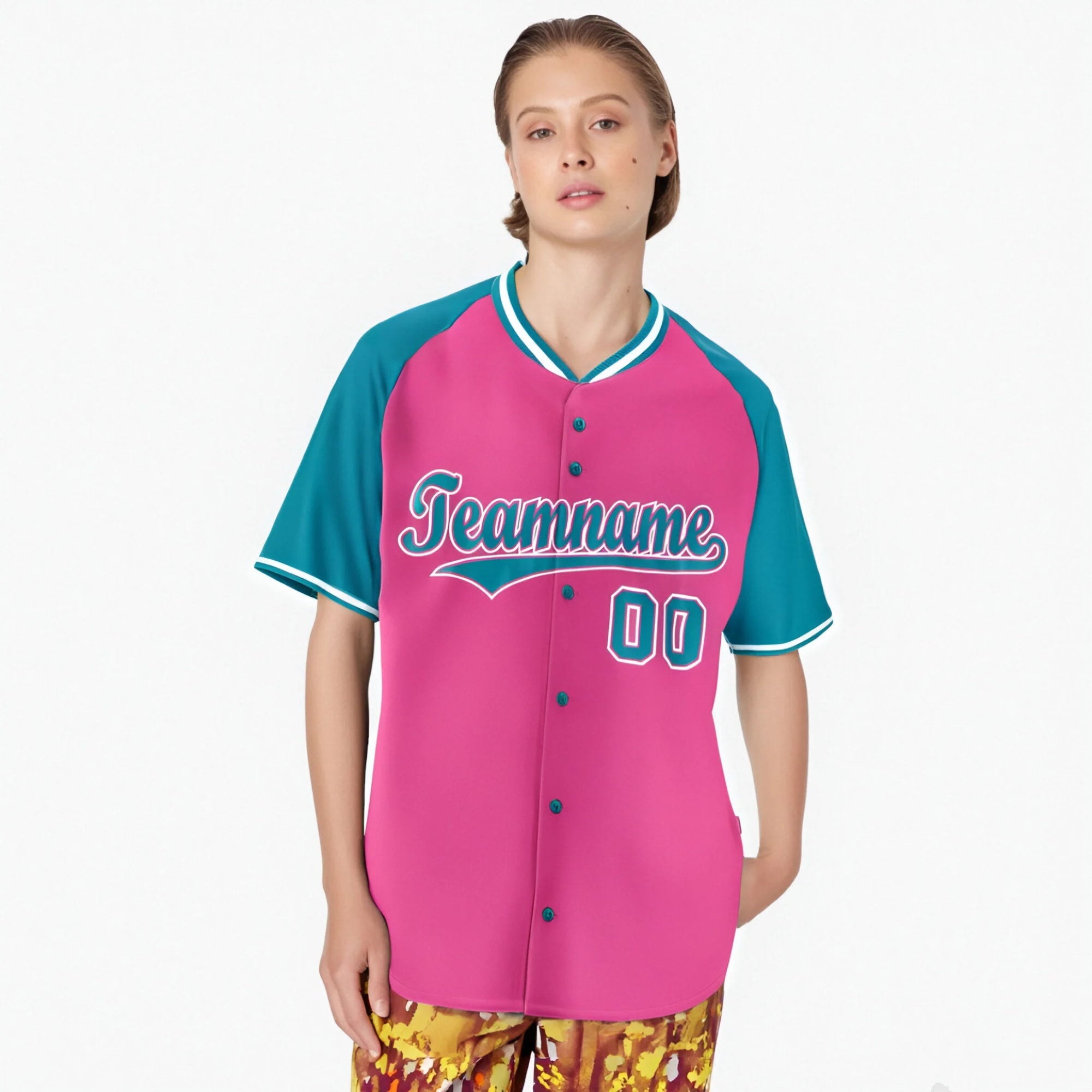 Custom Pink Aqua White Authentic Colored Buttons Baseball Jersey