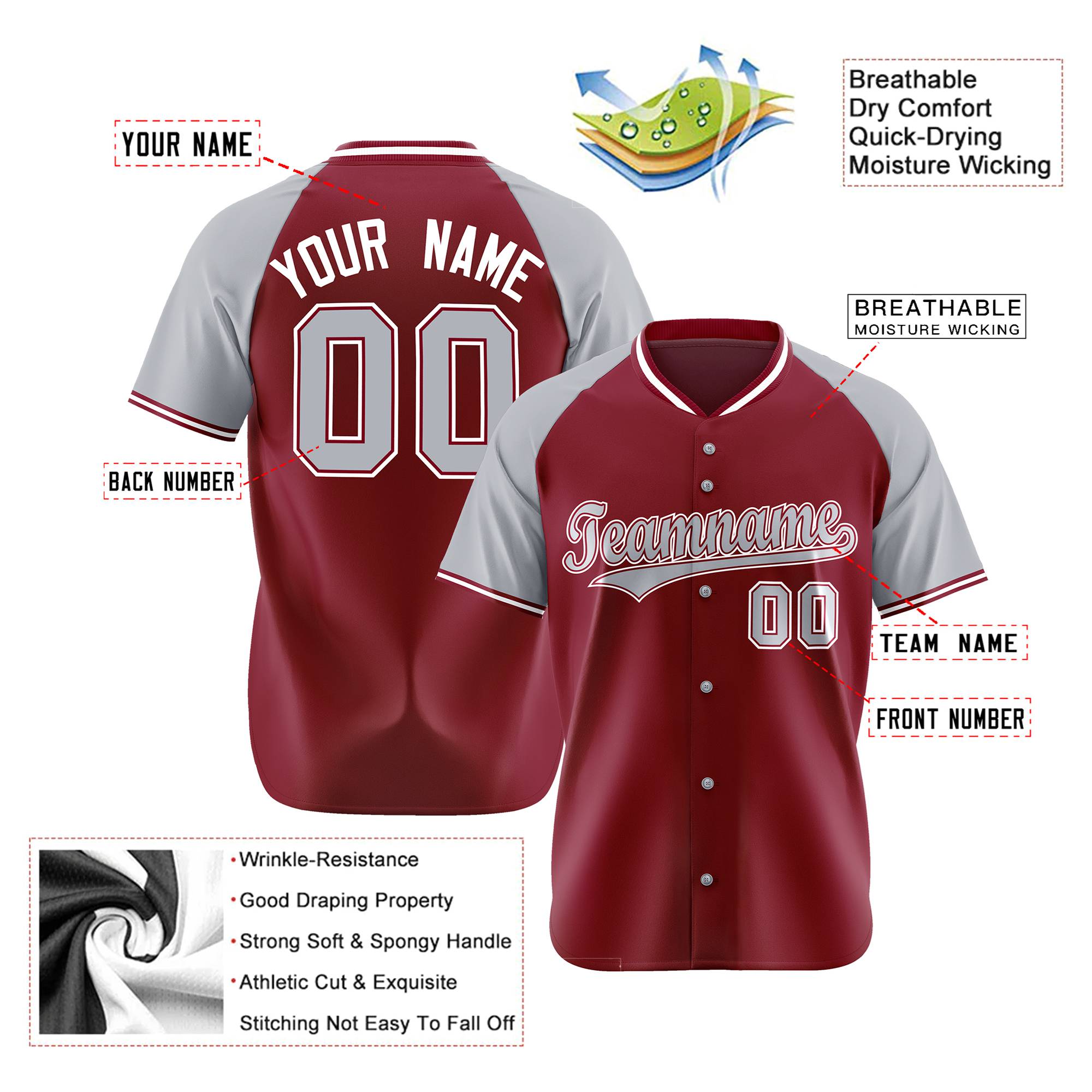 Custom Crimson Gray White Authentic Colored Buttons Baseball Jersey