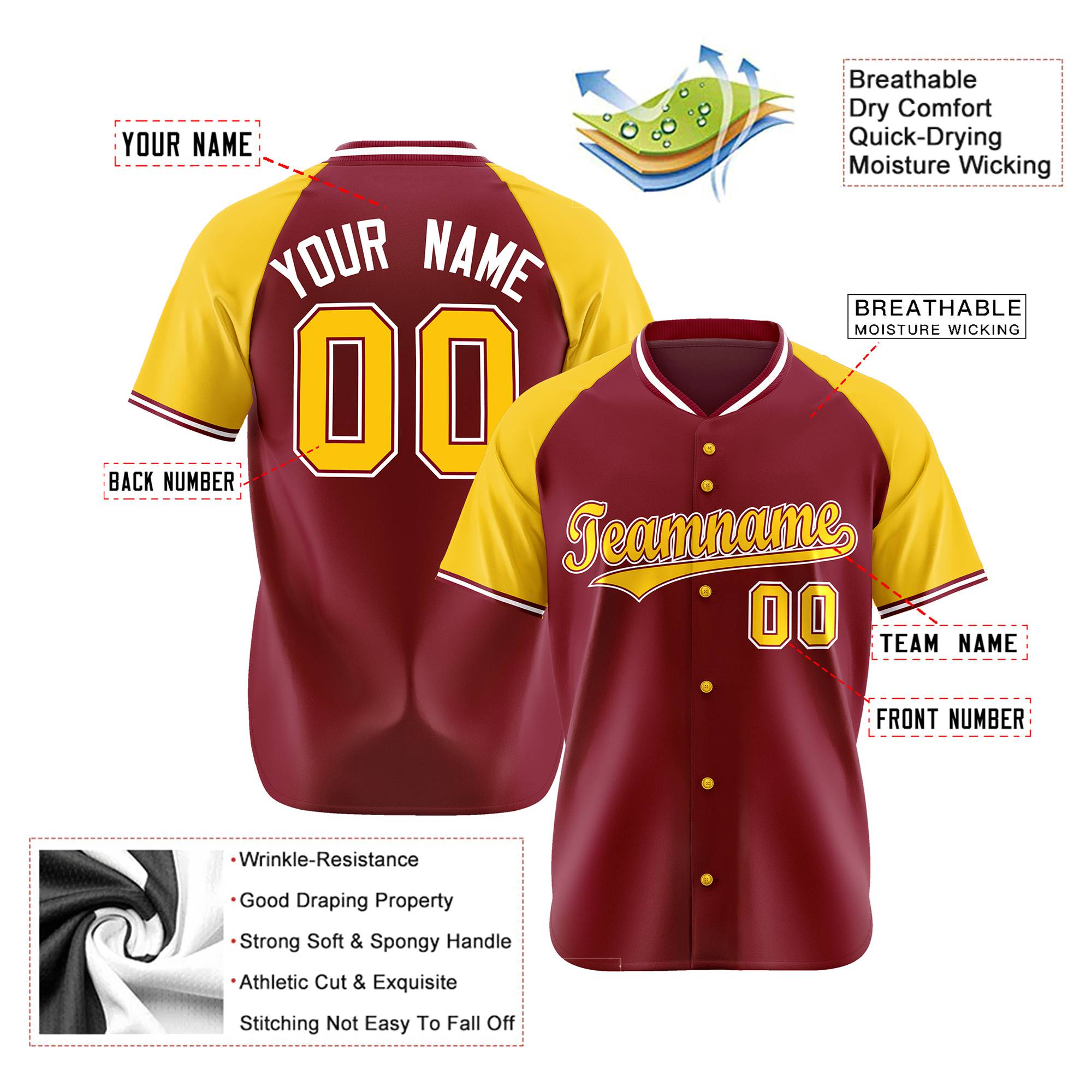 Custom Crimson Yellow White Authentic Colored Buttons Baseball Jersey