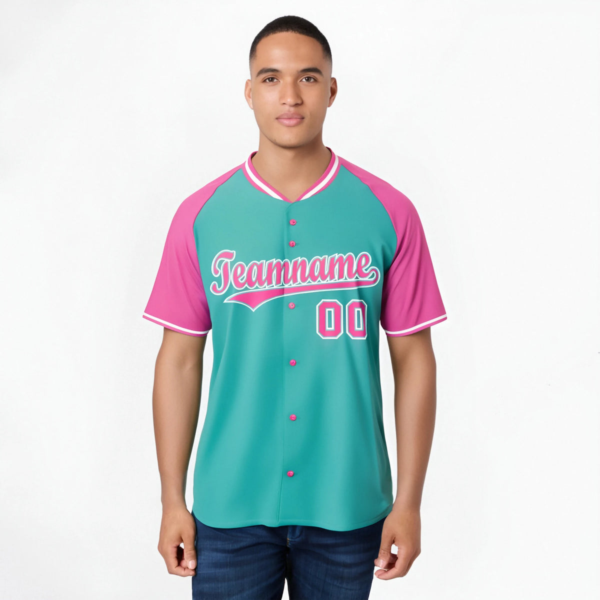 Custom Aqua Pink White Authentic Colored Buttons Baseball Jersey