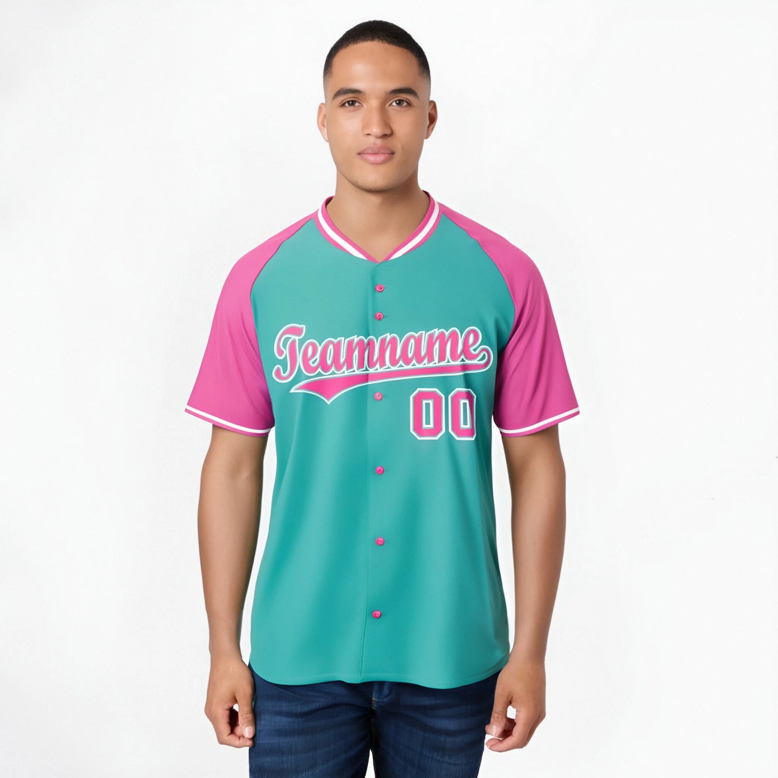 Custom Aqua Pink White Authentic Colored Buttons Baseball Jersey