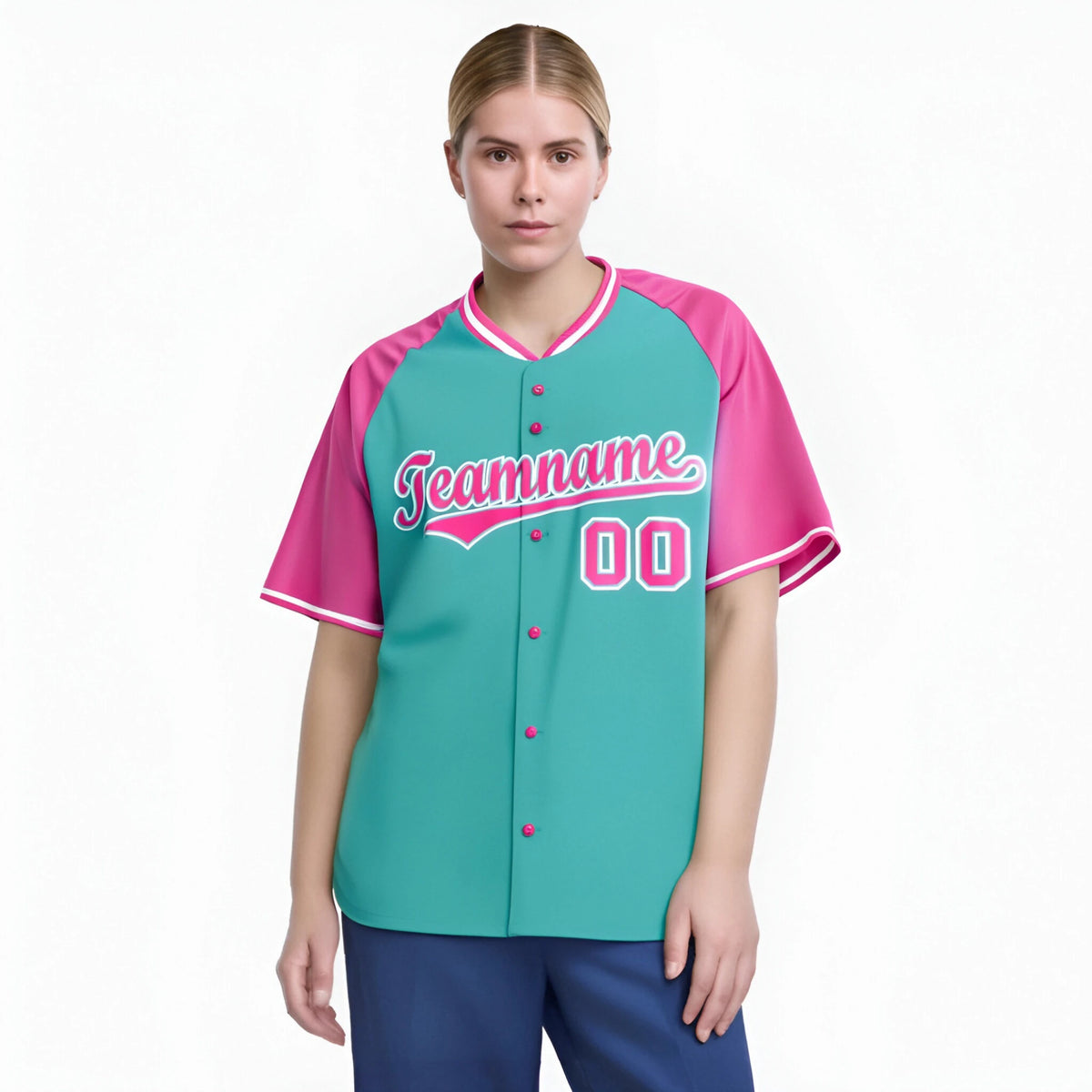 Custom Aqua Pink White Authentic Colored Buttons Baseball Jersey