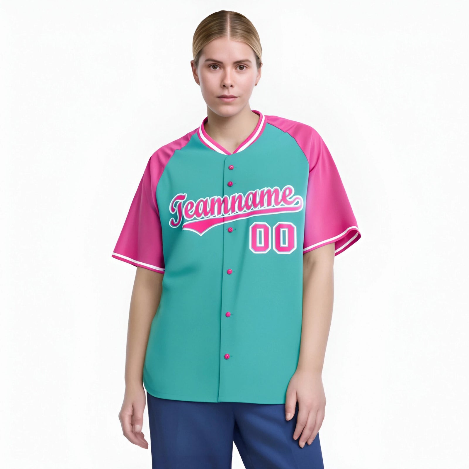 Custom Aqua Pink White Authentic Colored Buttons Baseball Jersey