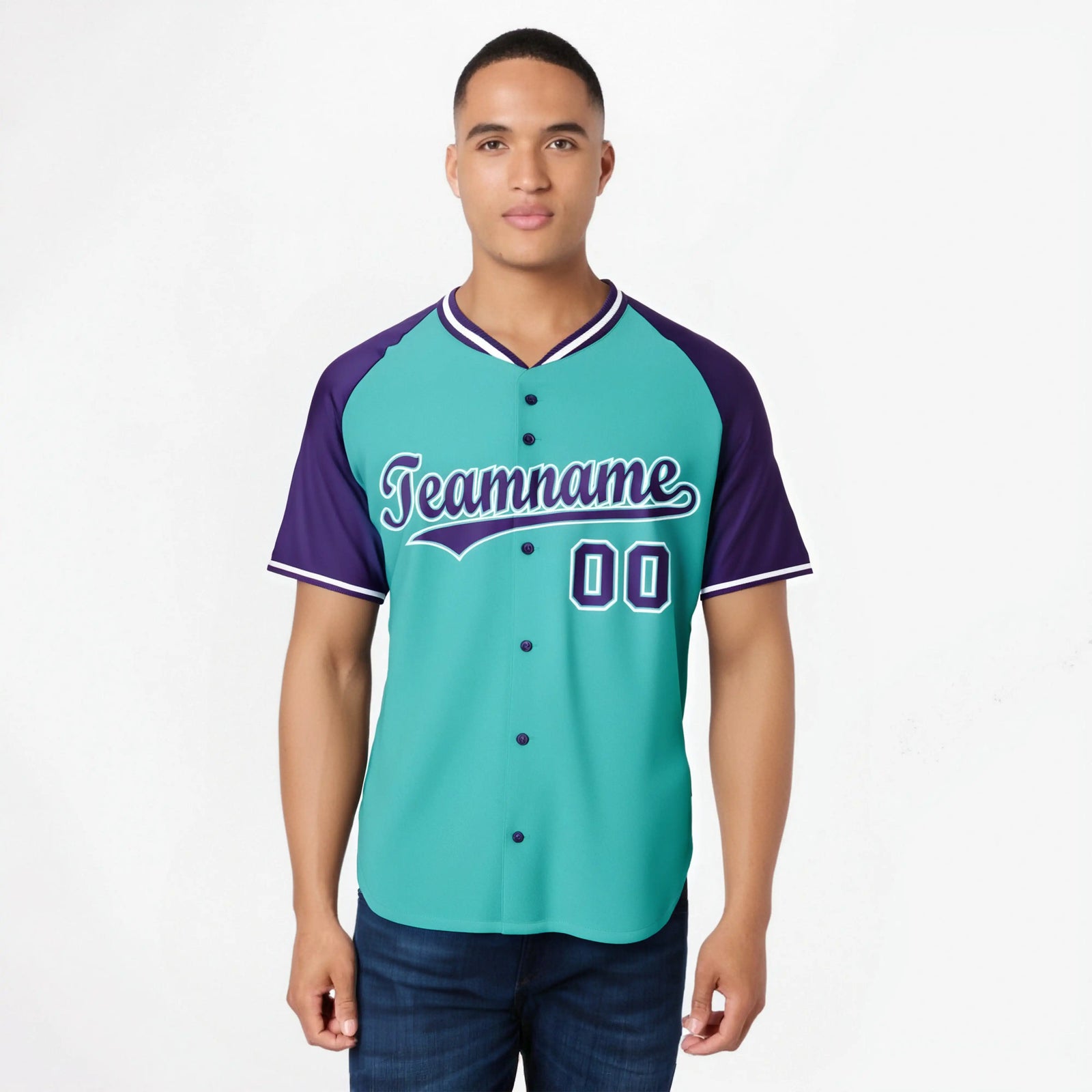Custom Aqua Purple White Authentic Colored Buttons Baseball Jersey