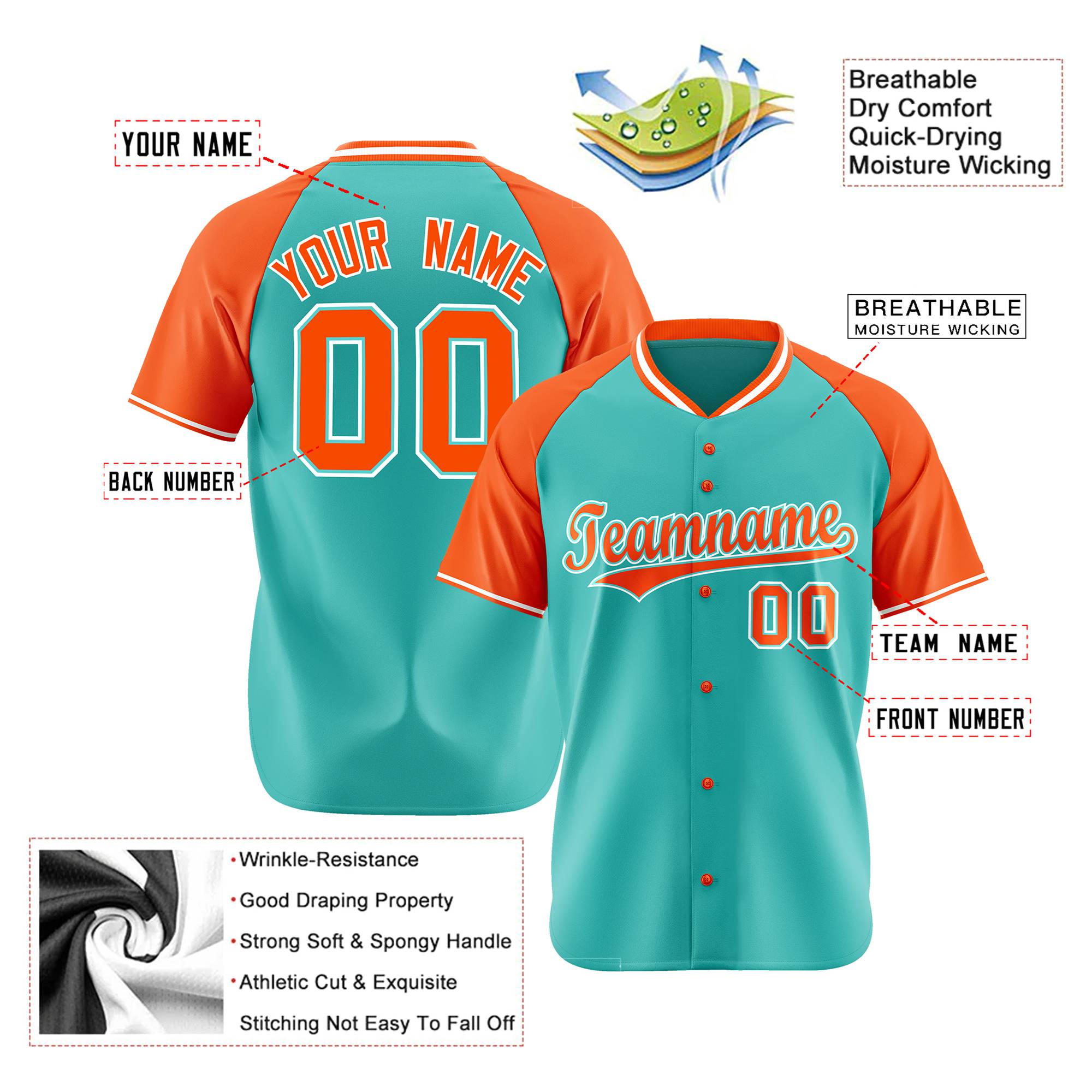 Custom Aqua Orange White Authentic Colored Buttons Baseball Jersey