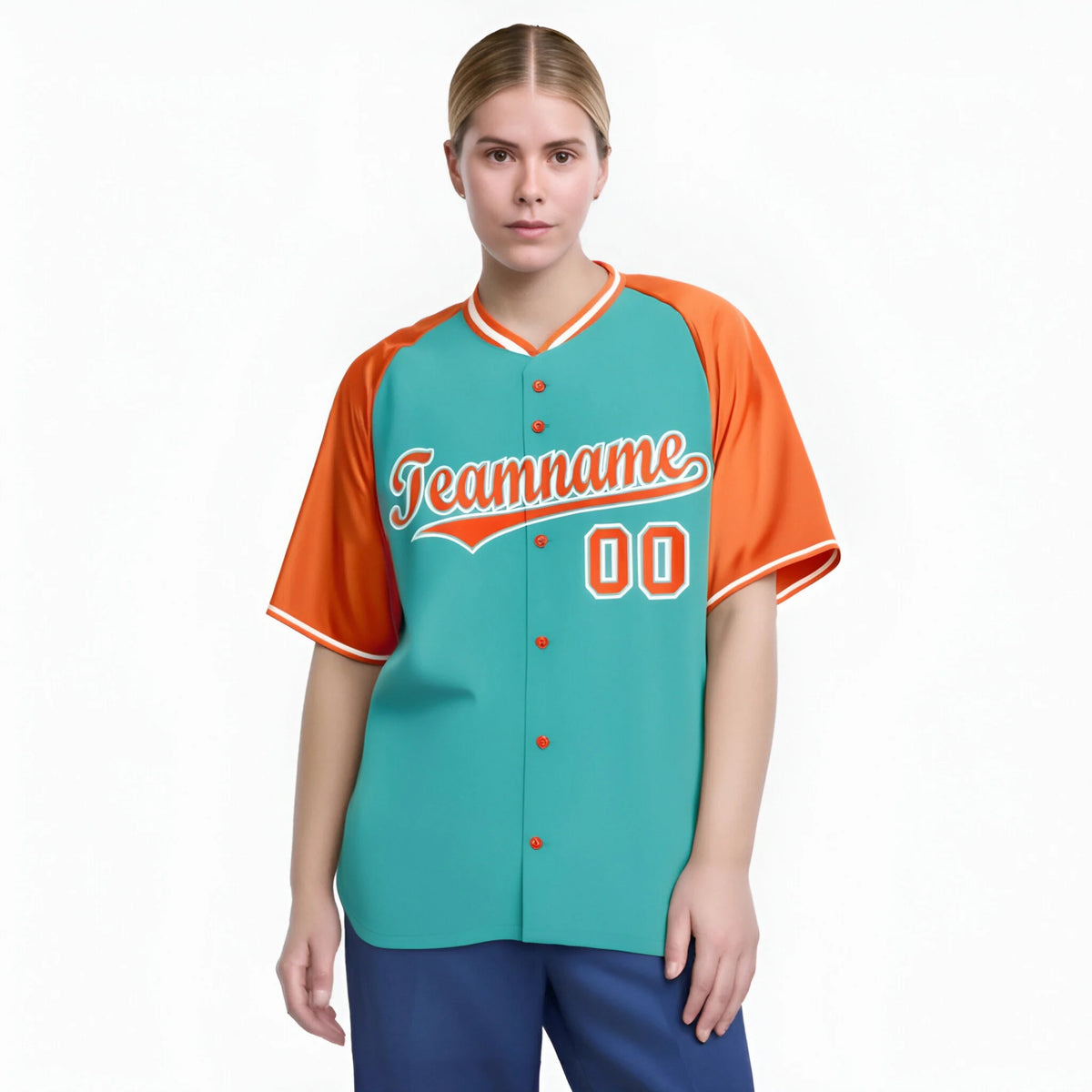 Custom Aqua Orange White Authentic Colored Buttons Baseball Jersey