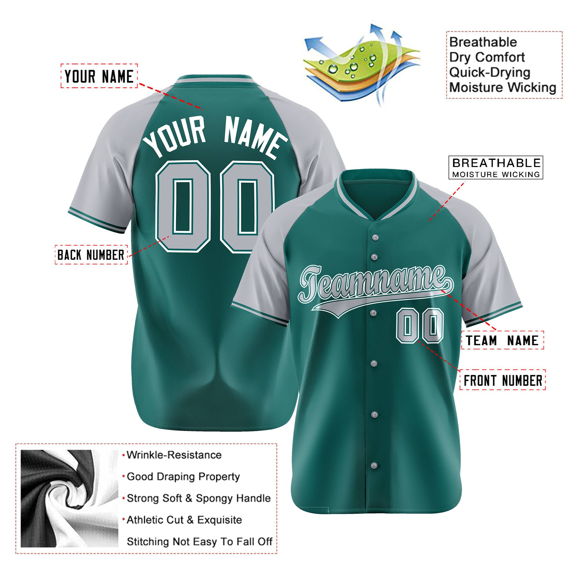 Custom Kelly Green Gray White Authentic Colored Buttons Baseball Jersey