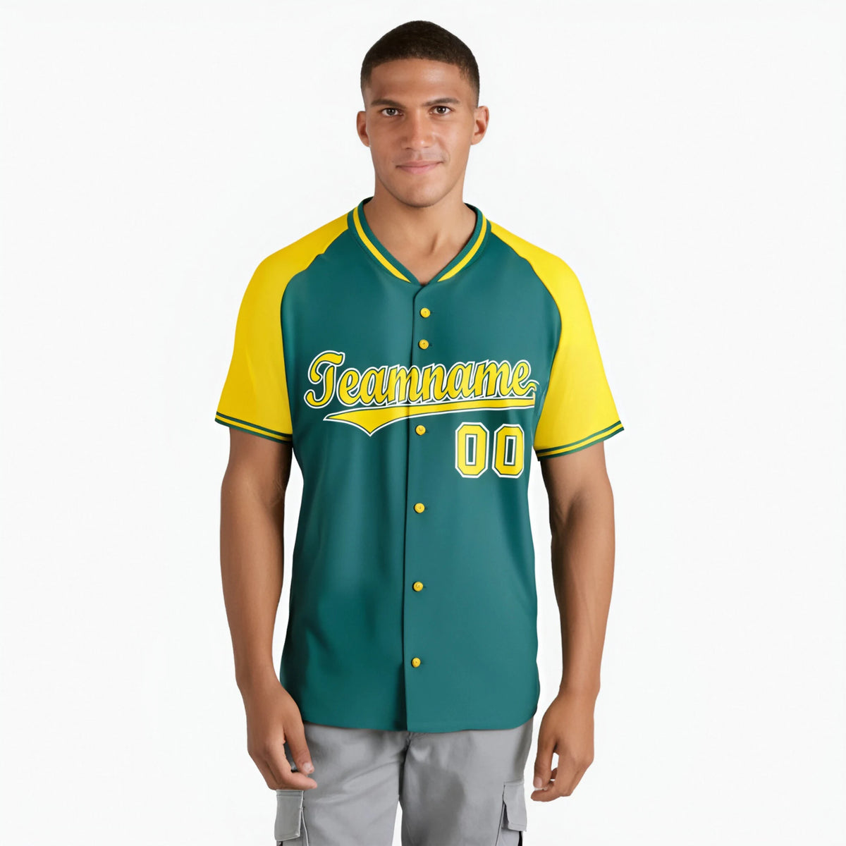 Custom Kelly Green Yellow White Authentic Colored Buttons Baseball Jersey