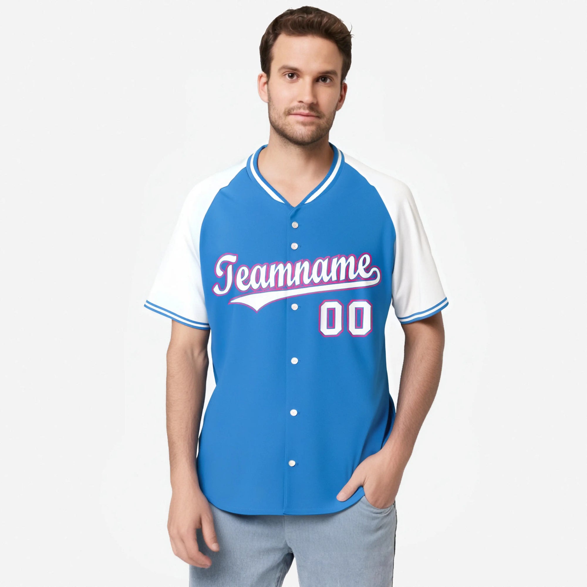 Custom Blue White Pink Authentic Colored Buttons Baseball Jersey