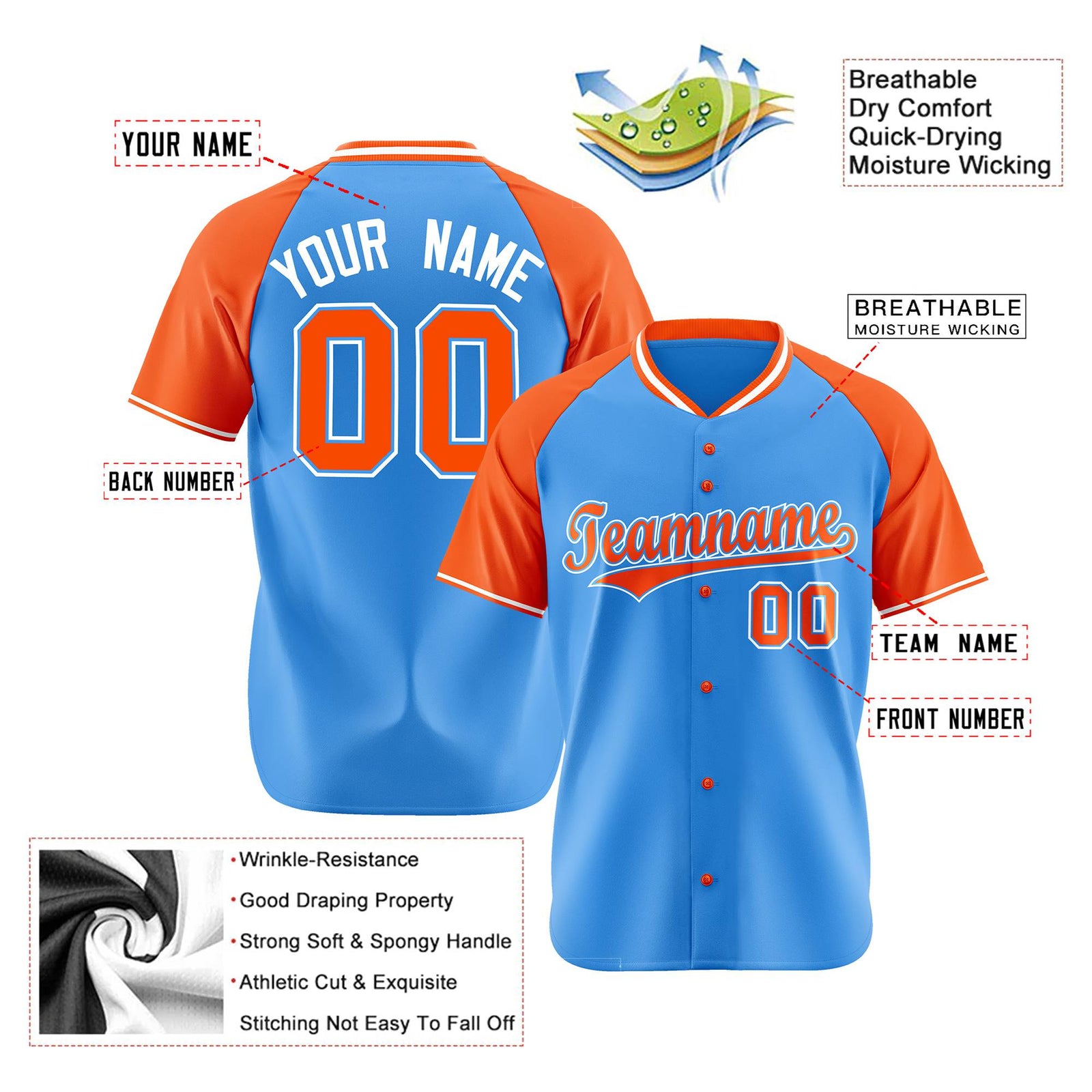 Custom Blue Orange White Authentic Colored Buttons Baseball Jersey