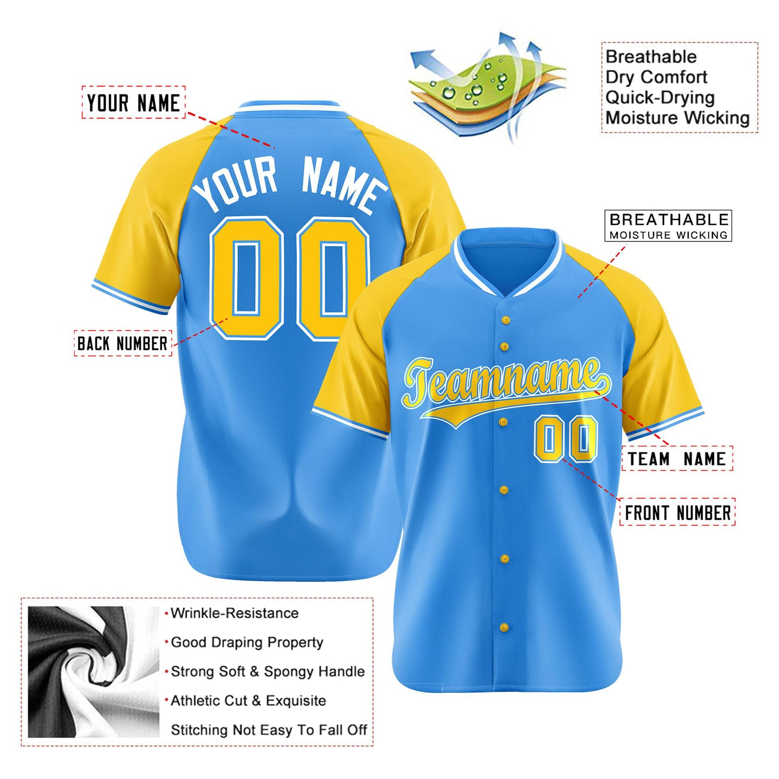 Custom Blue Yellow White Authentic Colored Buttons Baseball Jersey