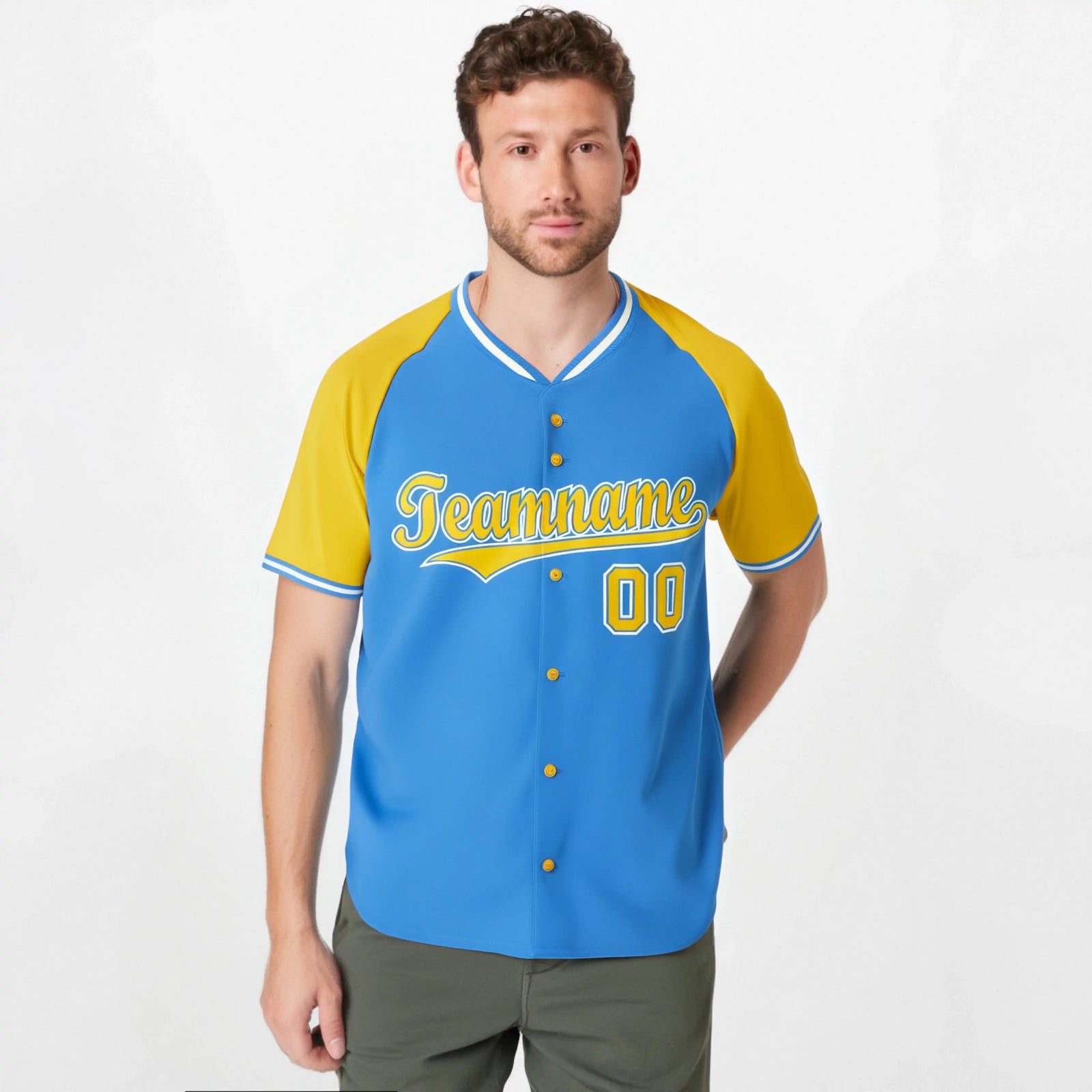Custom Blue Yellow White Authentic Colored Buttons Baseball Jersey