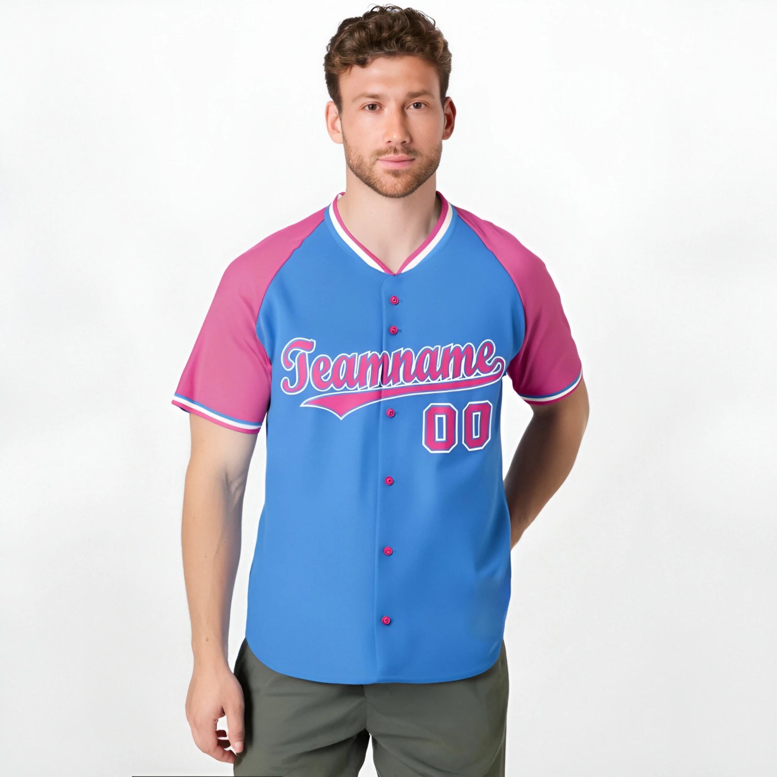 Custom Blue Pink White Authentic Colored Buttons Baseball Jersey