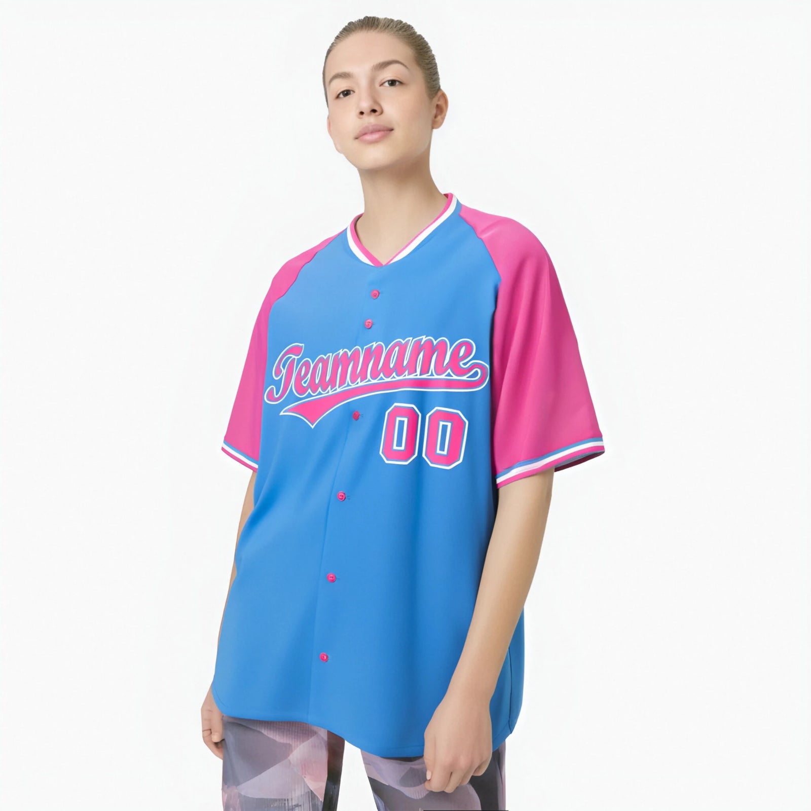 Custom Blue Pink White Authentic Colored Buttons Baseball Jersey