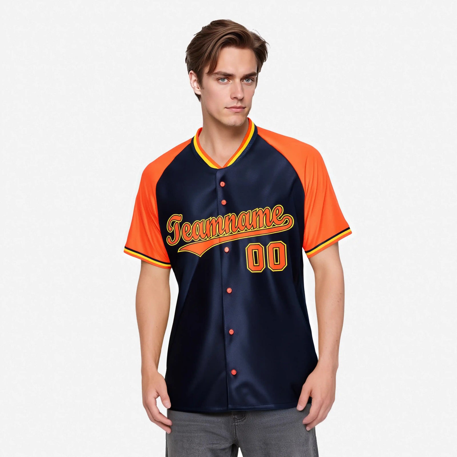 Custom Navy Orange Yellow Authentic Colored Buttons Baseball Jersey
