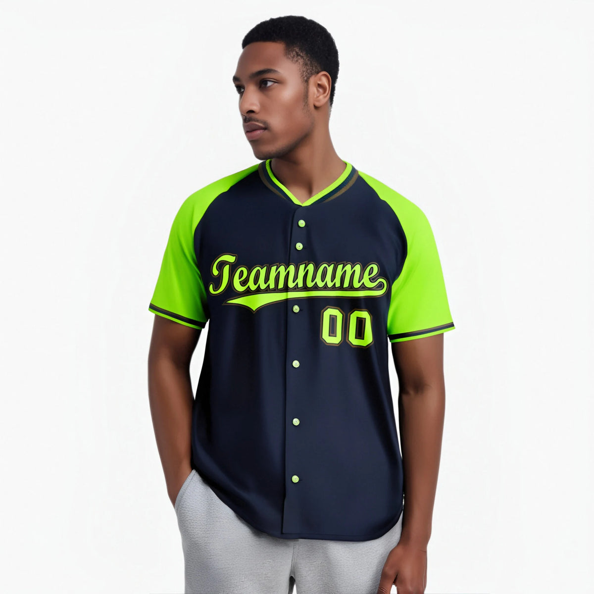 Custom Navy Neon Green Olive Authentic Colored Buttons Baseball Jersey