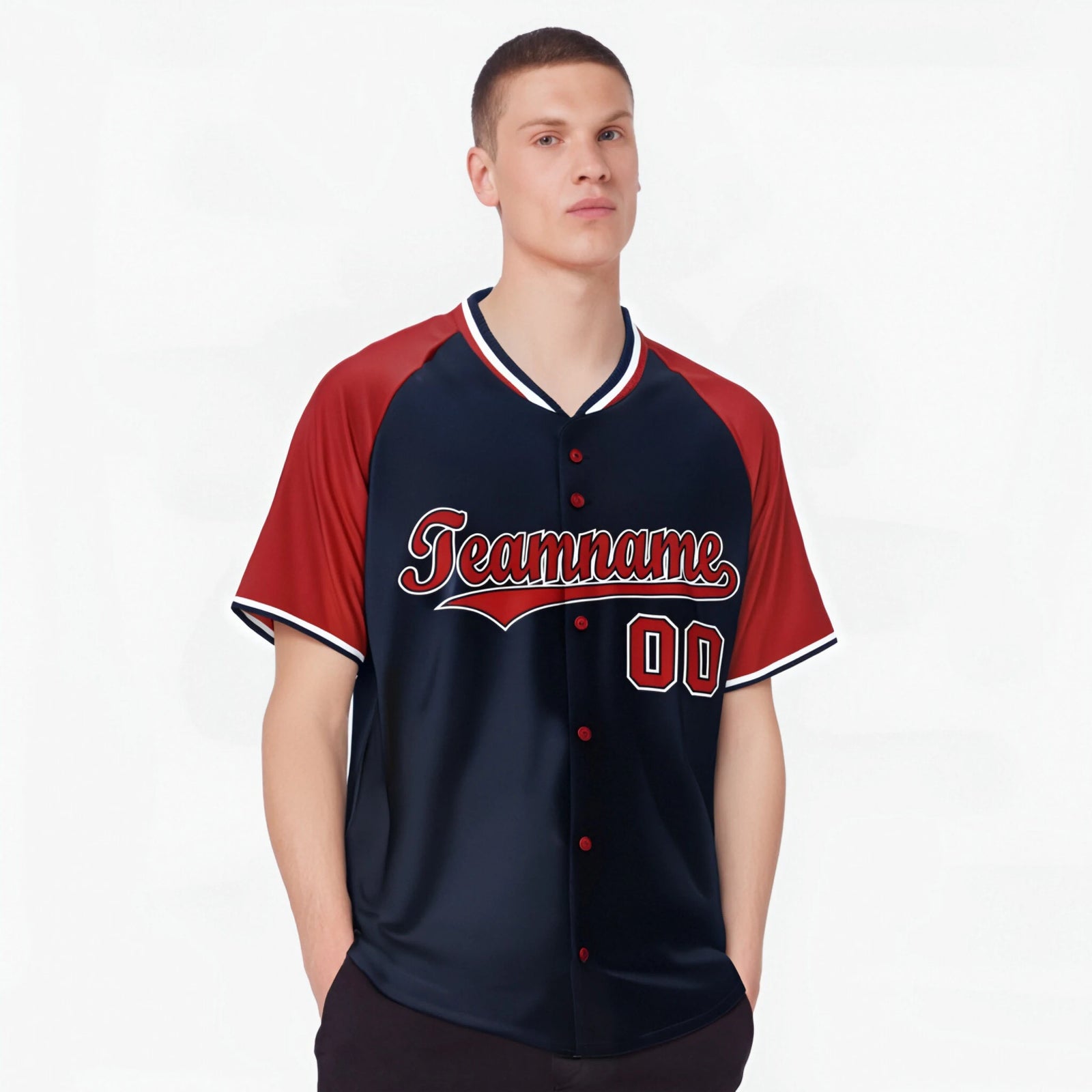 Custom Navy Red White Authentic Colored Buttons Baseball Jersey