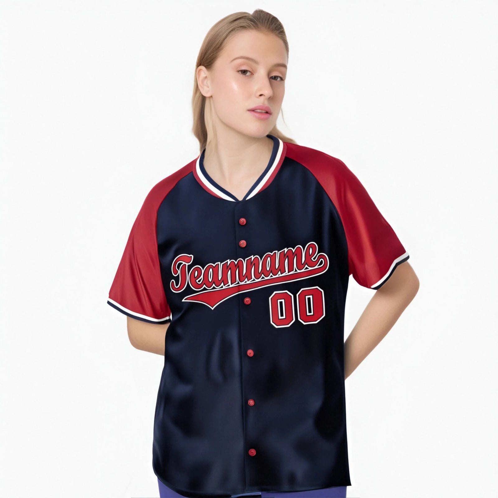 Custom Navy Red White Authentic Colored Buttons Baseball Jersey