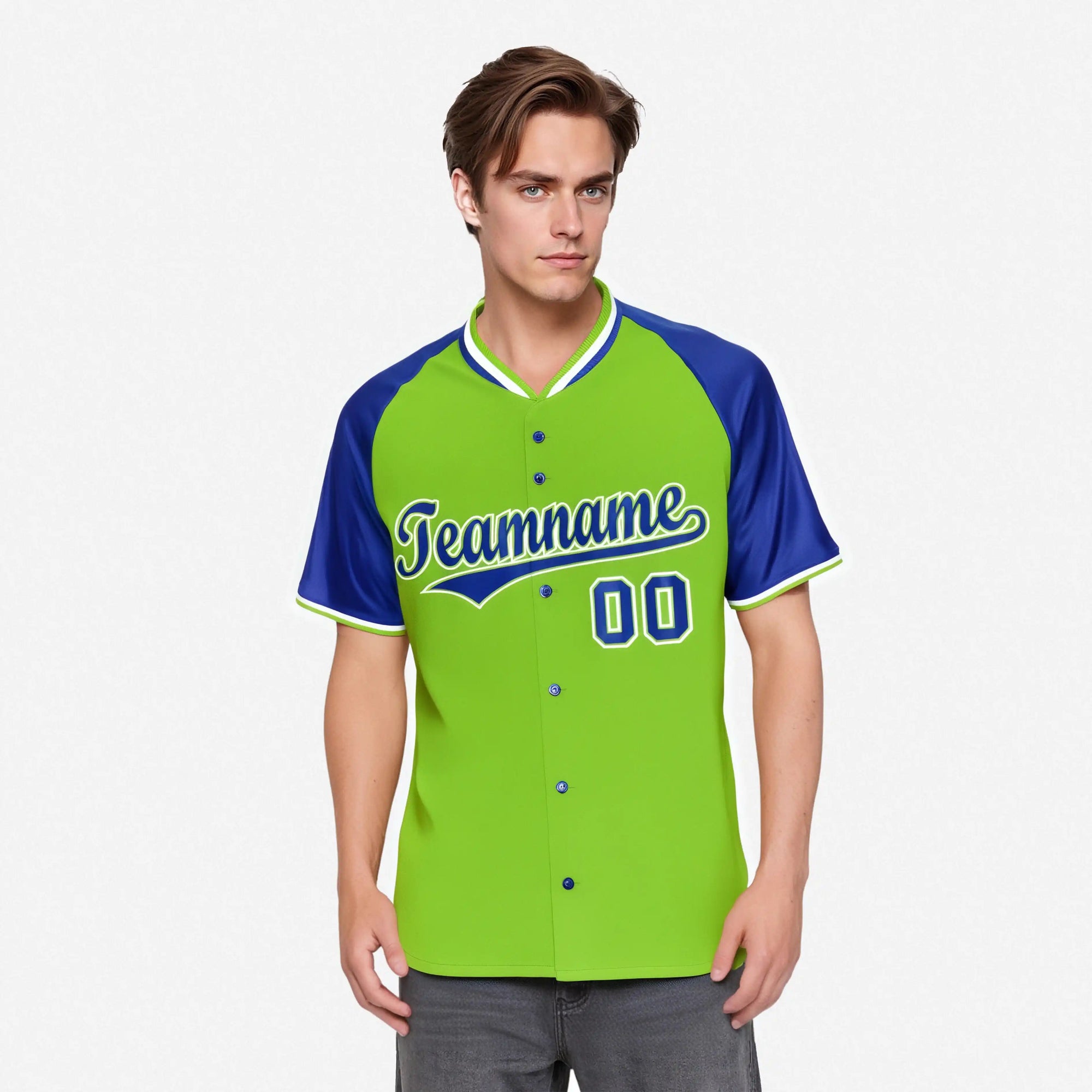 Custom Neon Green Blue White Authentic Colored Buttons Baseball Jersey