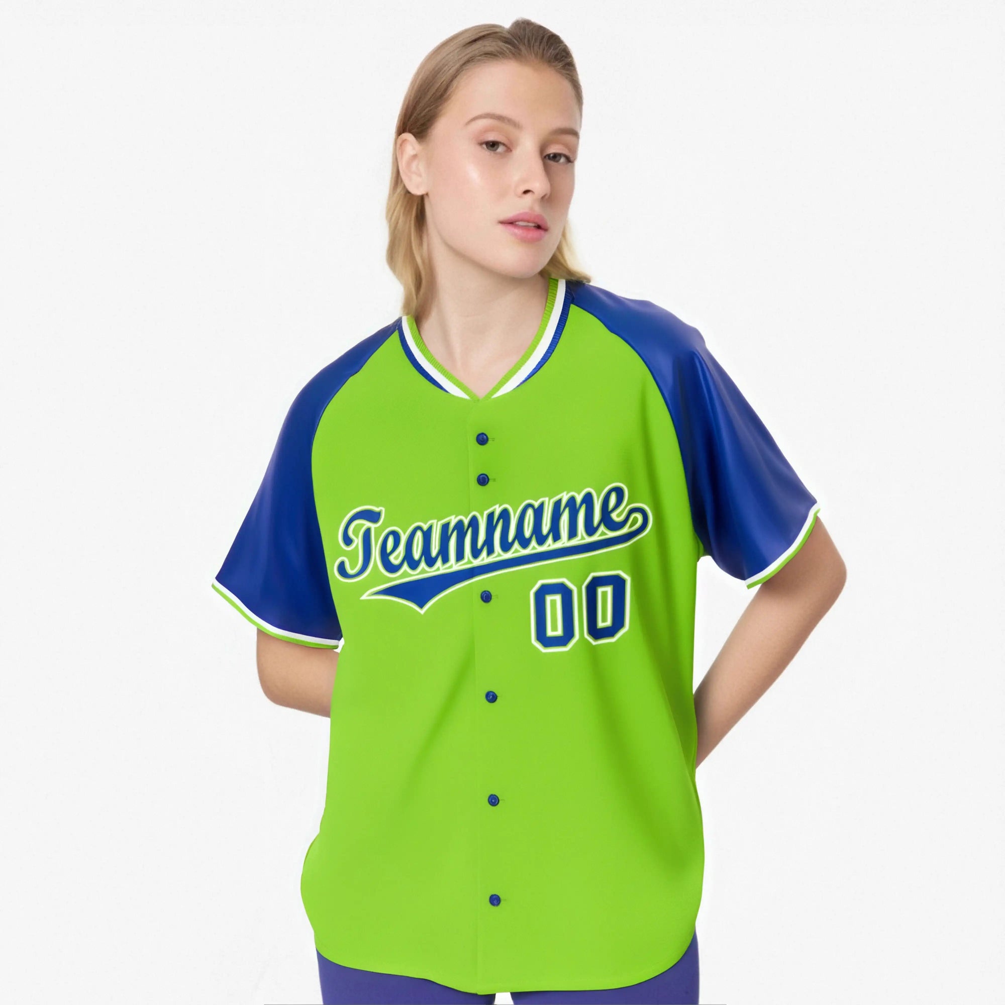 Custom Neon Green Blue White Authentic Colored Buttons Baseball Jersey