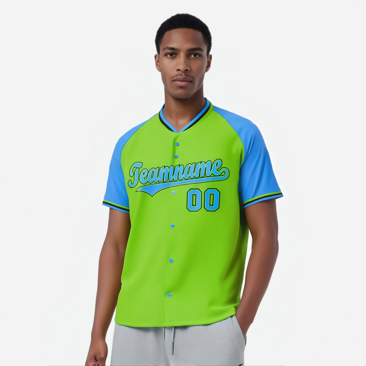 Custom Neon Green Blue Black Authentic Colored Buttons Baseball Jersey