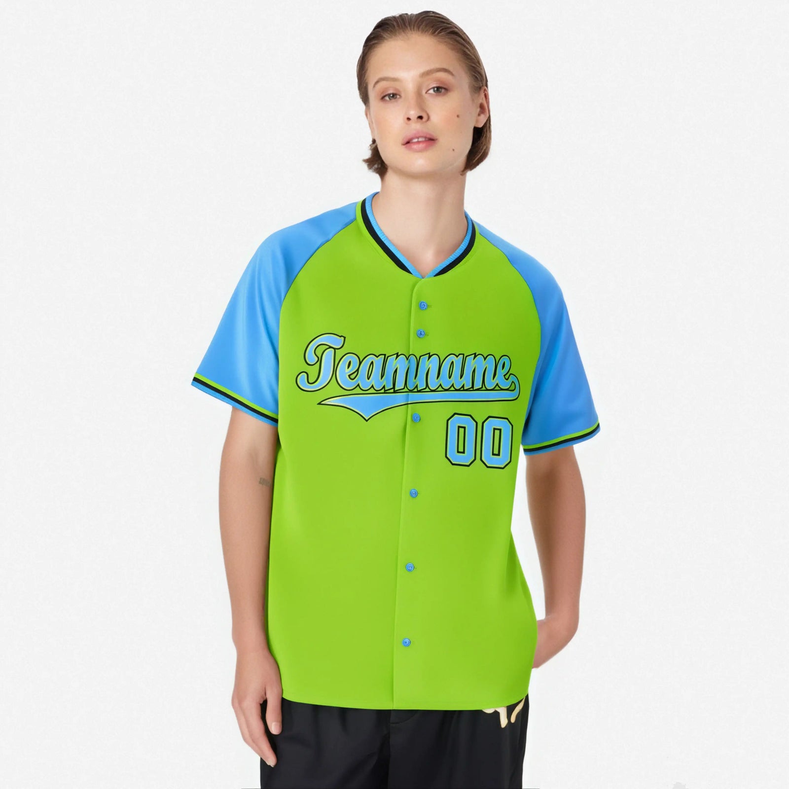 Custom Neon Green Blue Black Authentic Colored Buttons Baseball Jersey