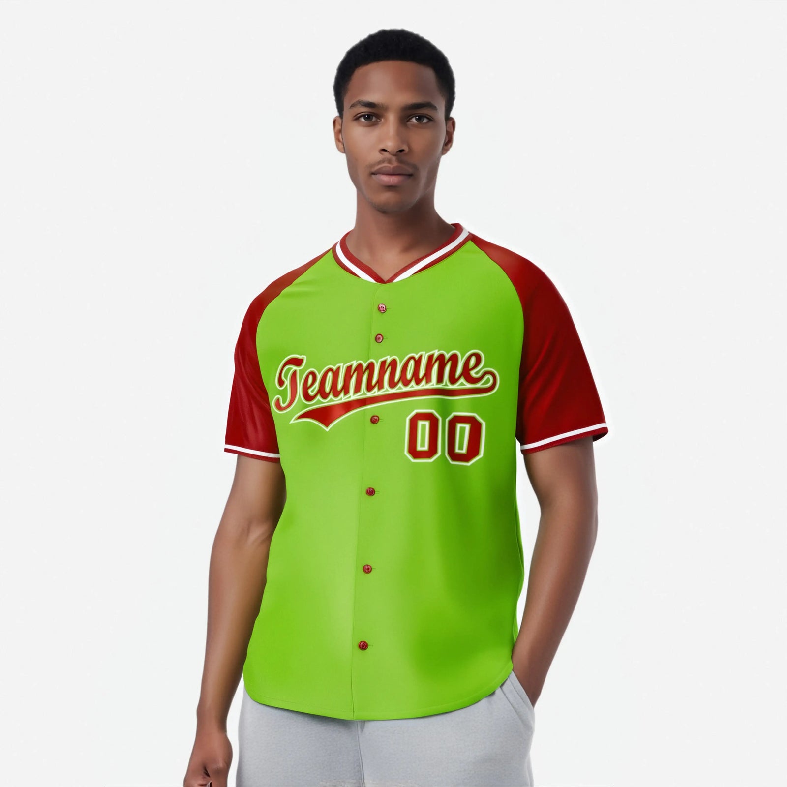 Custom Neon Green Red White Authentic Colored Buttons Baseball Jersey