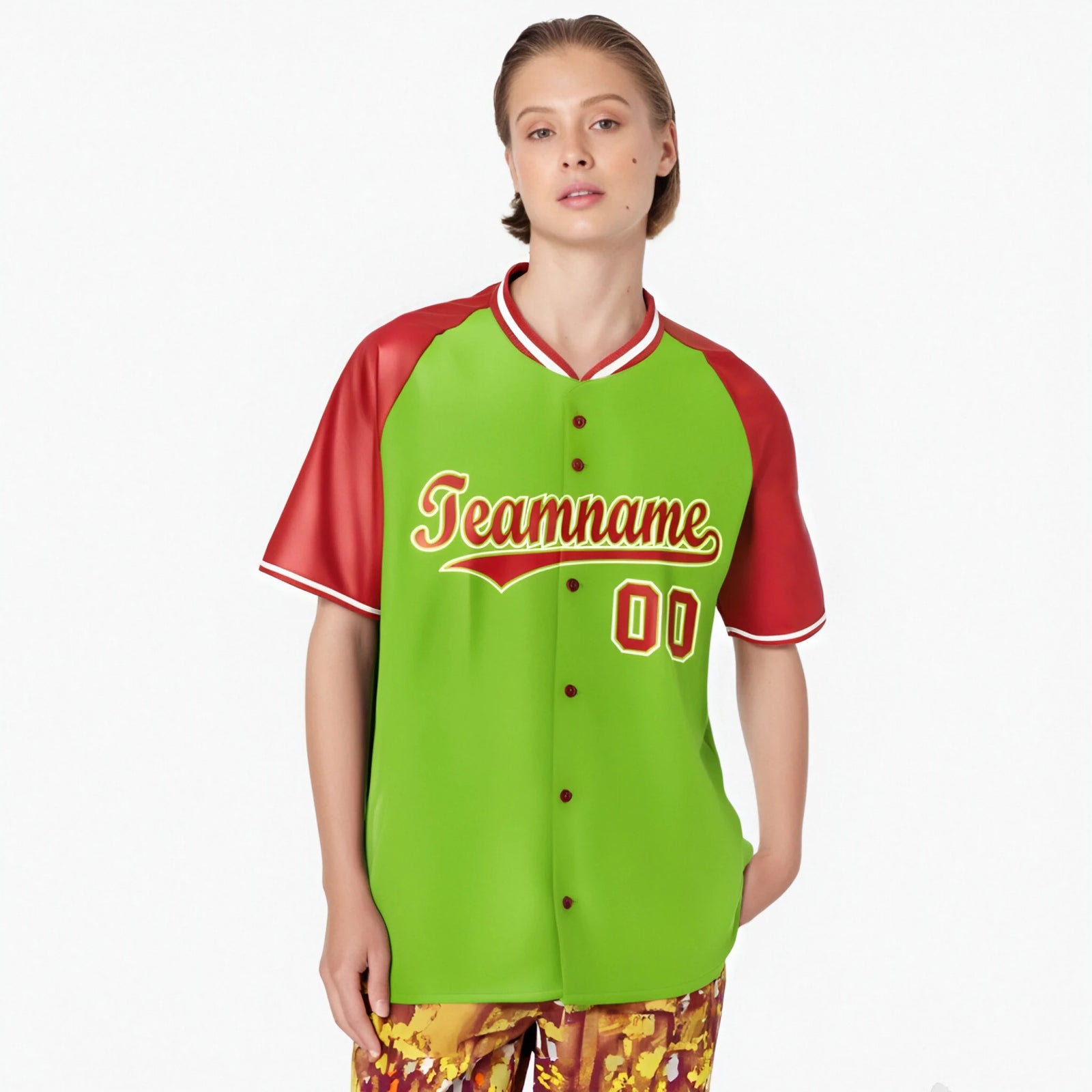Custom Neon Green Red White Authentic Colored Buttons Baseball Jersey