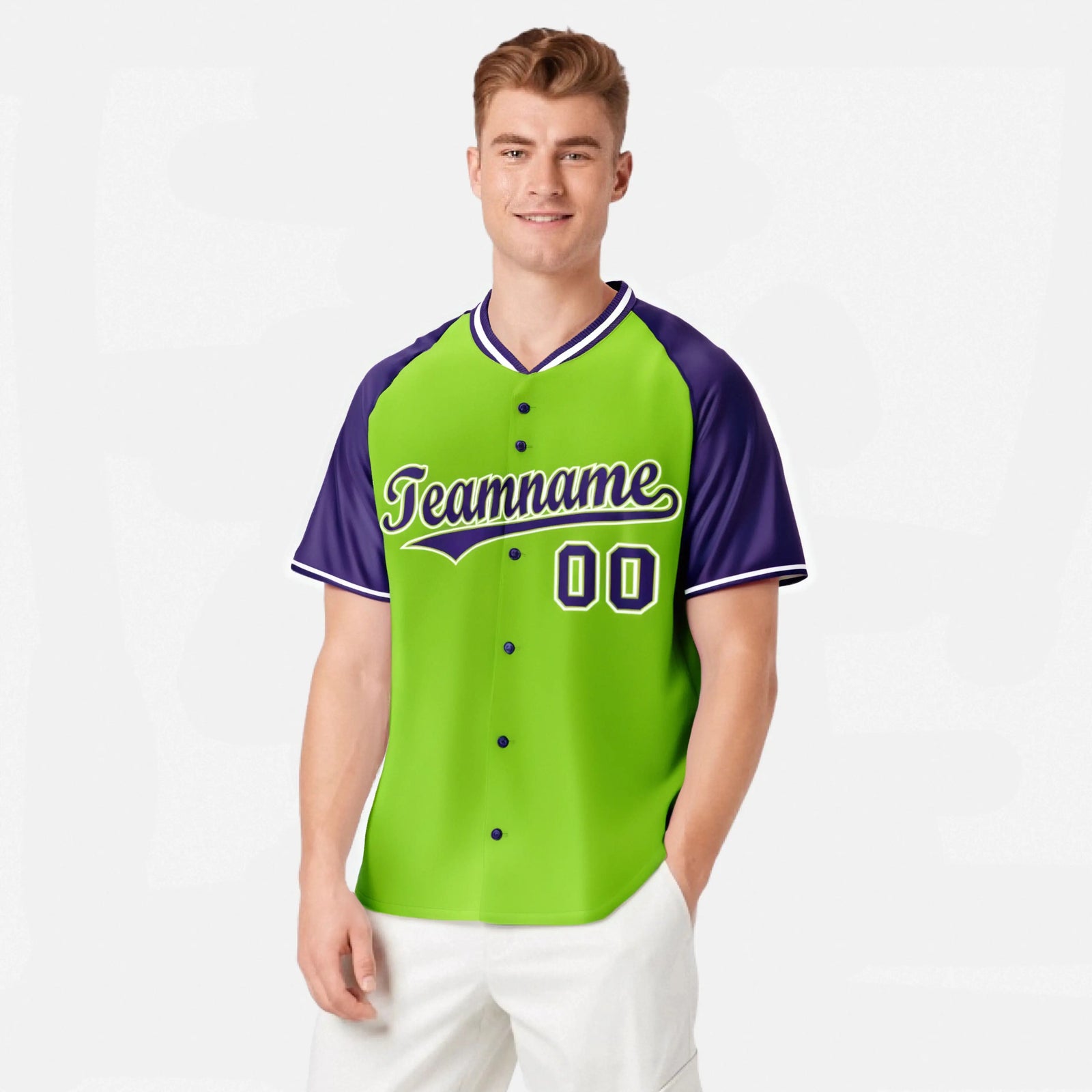 Custom Neon Green Purple White Authentic Colored Buttons Baseball Jersey