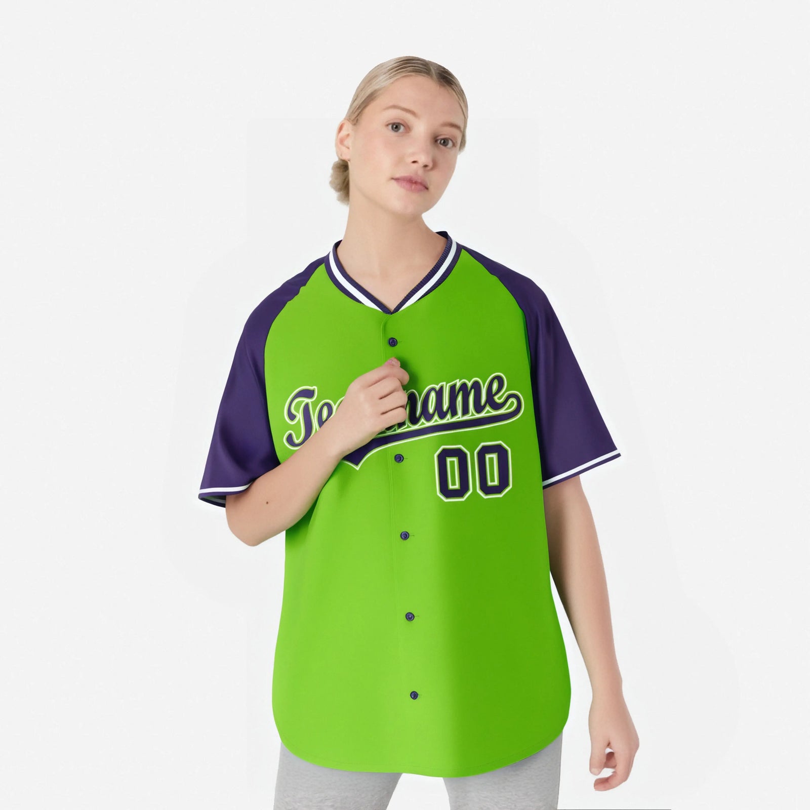 Custom Neon Green Purple White Authentic Colored Buttons Baseball Jersey