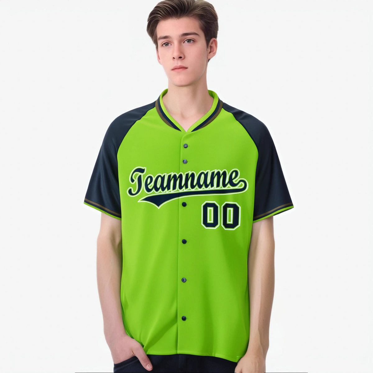 Custom Neon Green Navy White Authentic Colored Buttons Baseball Jersey