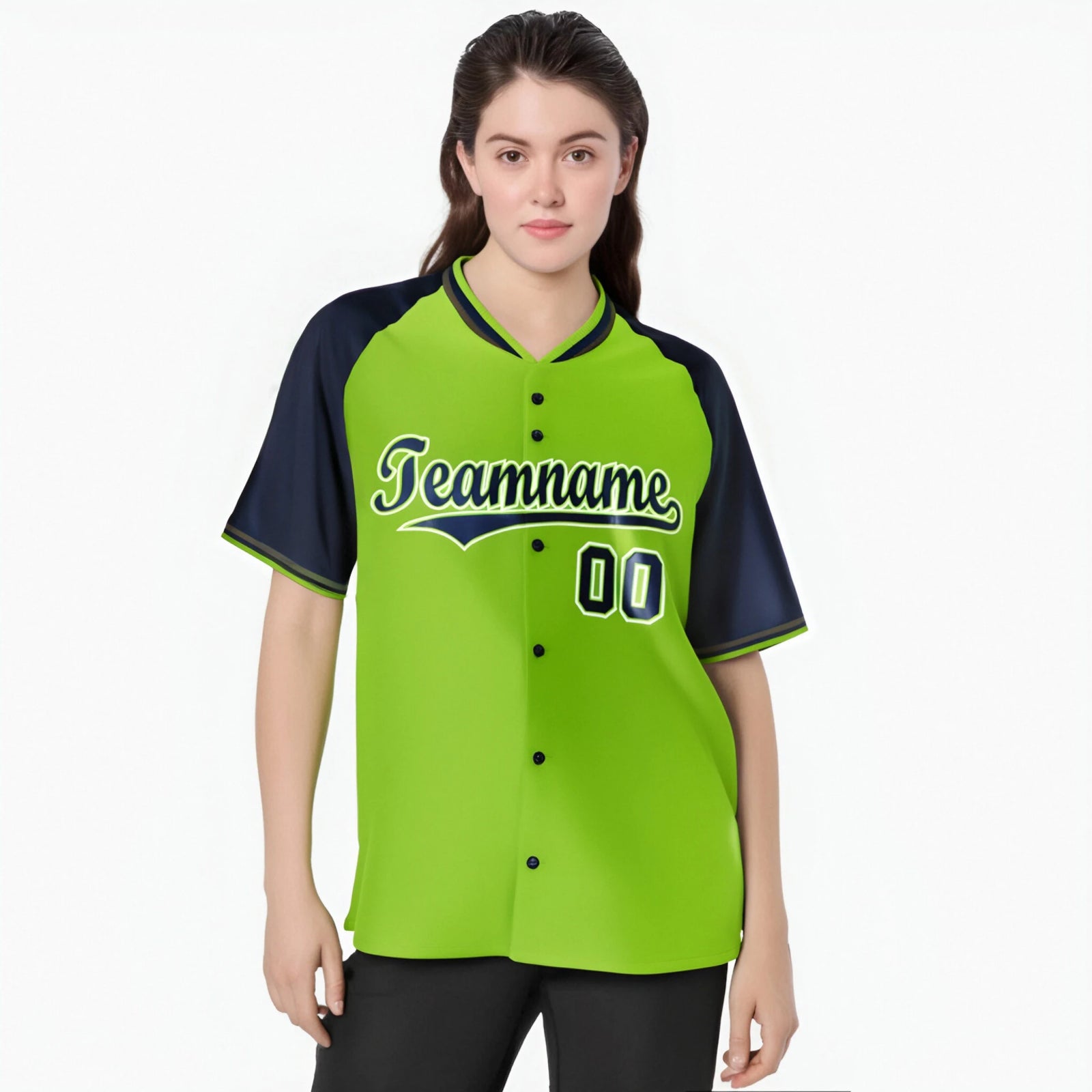 Custom Neon Green Navy White Authentic Colored Buttons Baseball Jersey