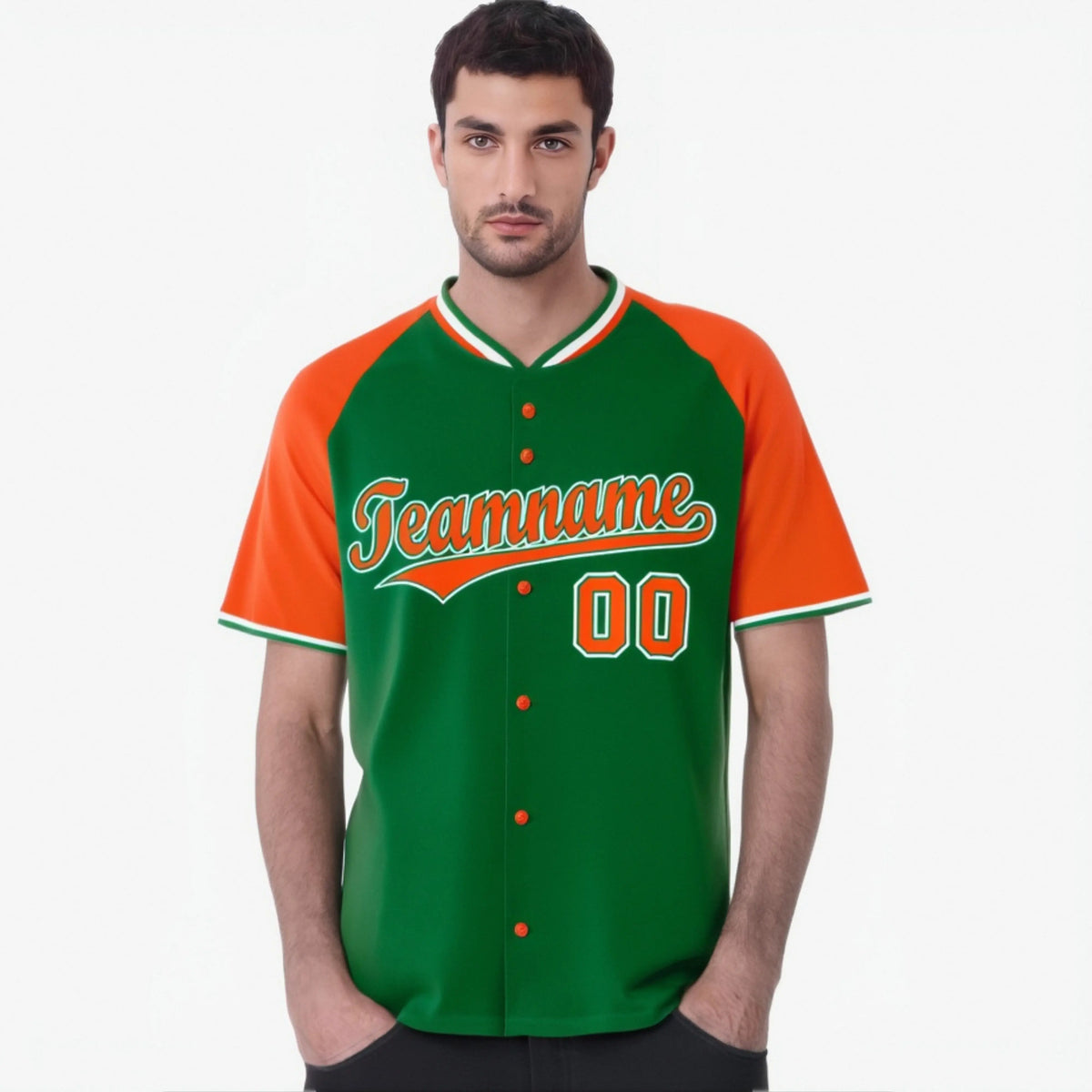Custom Kelly Green Orange White Authentic Colored Buttons Baseball Jersey