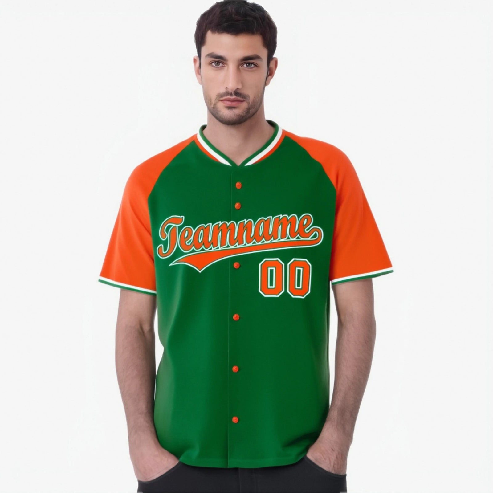 Custom Kelly Green Orange White Authentic Colored Buttons Baseball Jersey