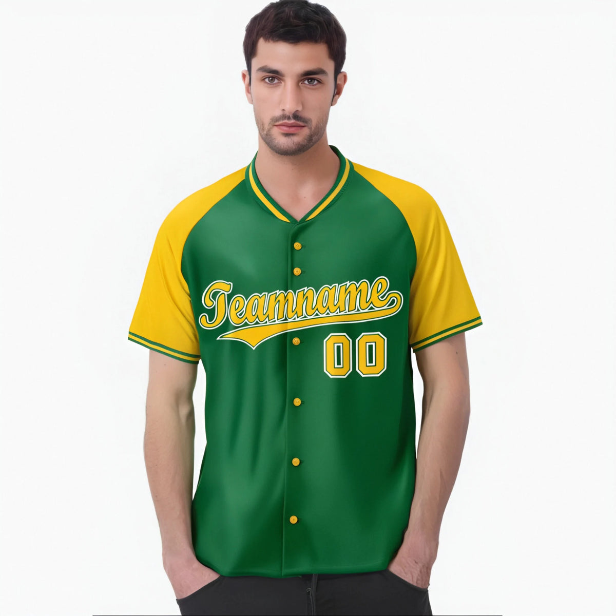 Custom Kelly Green Yellow White Authentic Colored Buttons Baseball Jersey