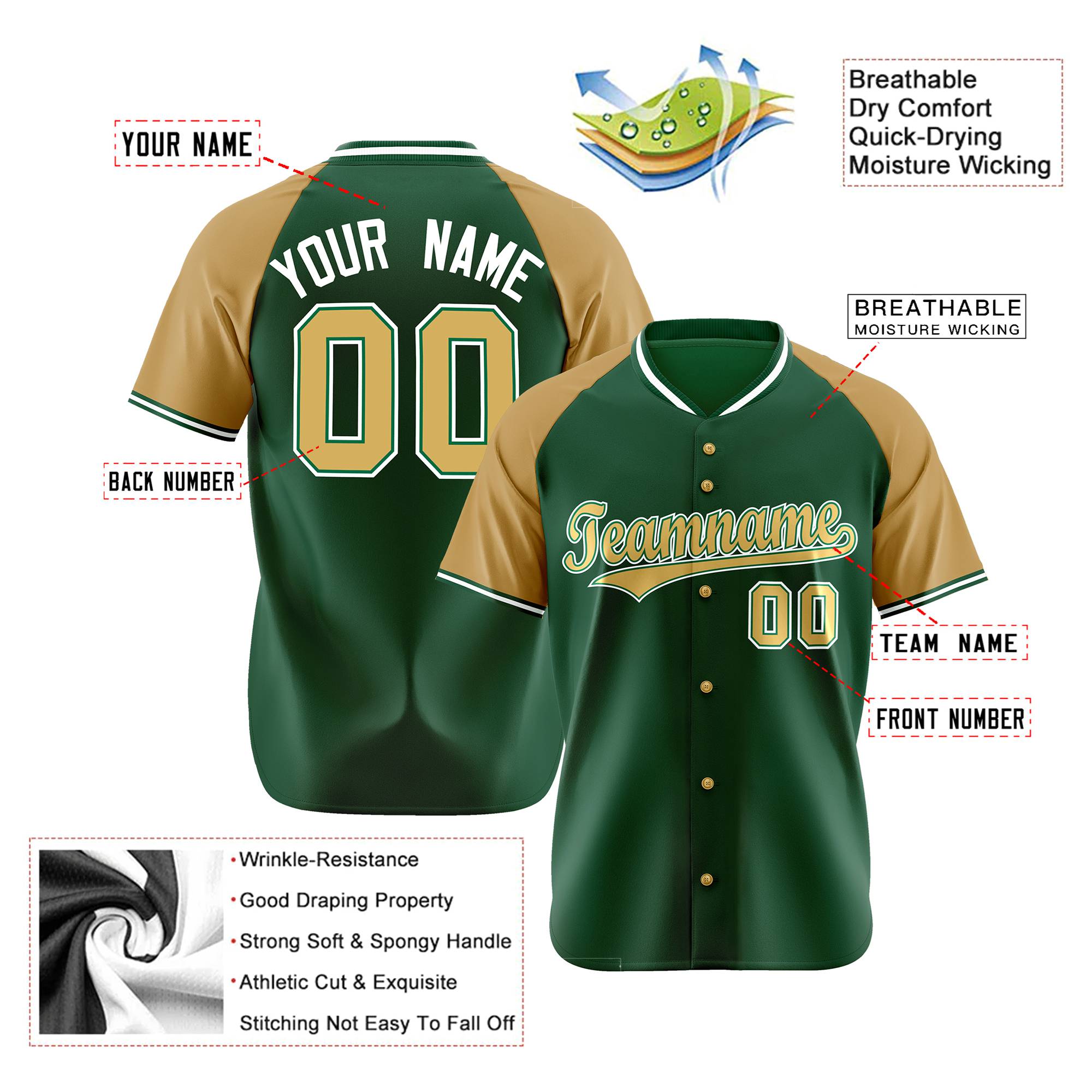 Custom Kelly Green Brown White Authentic Colored Buttons Baseball Jersey