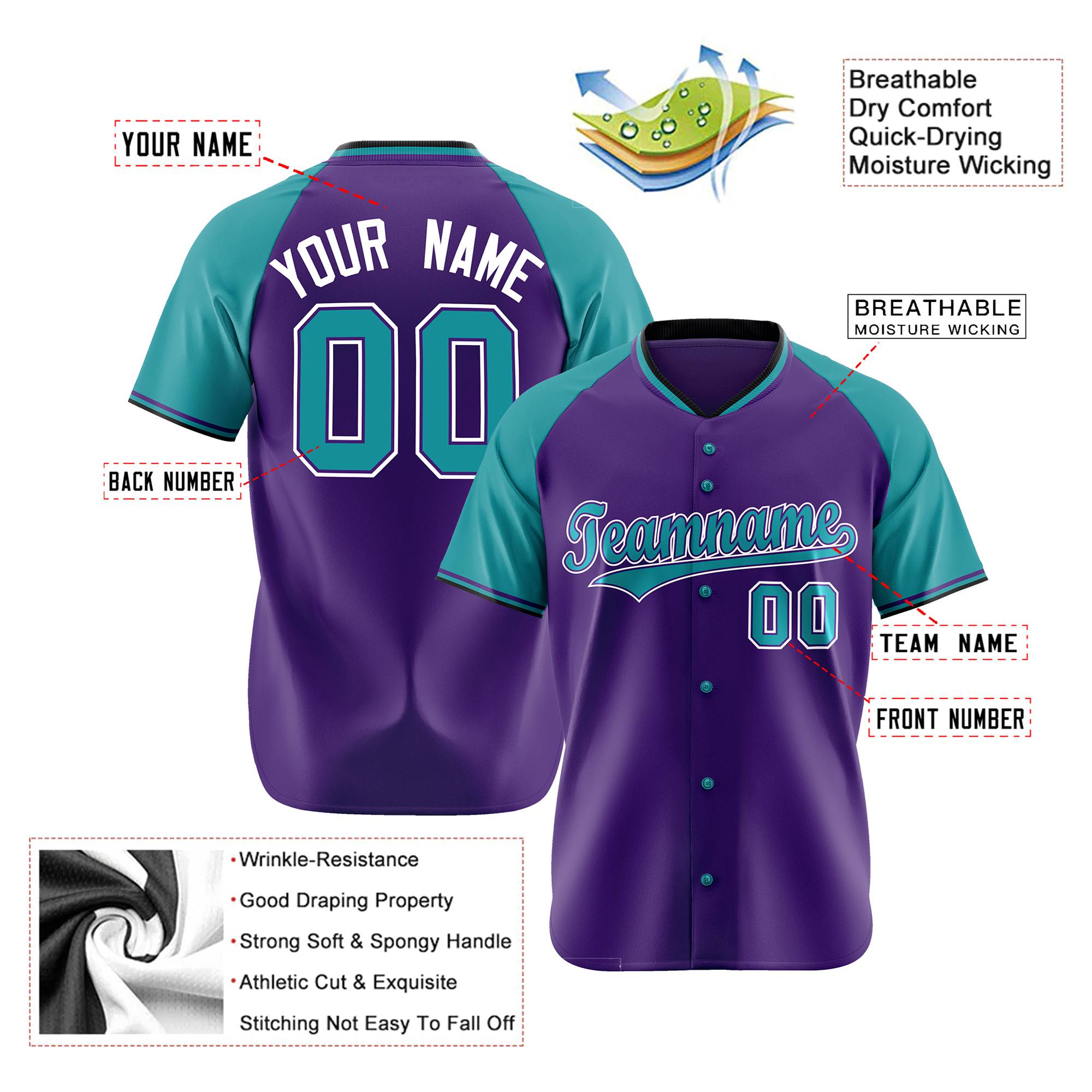 Custom Purple Aqua White Authentic Colored Buttons Baseball Jersey