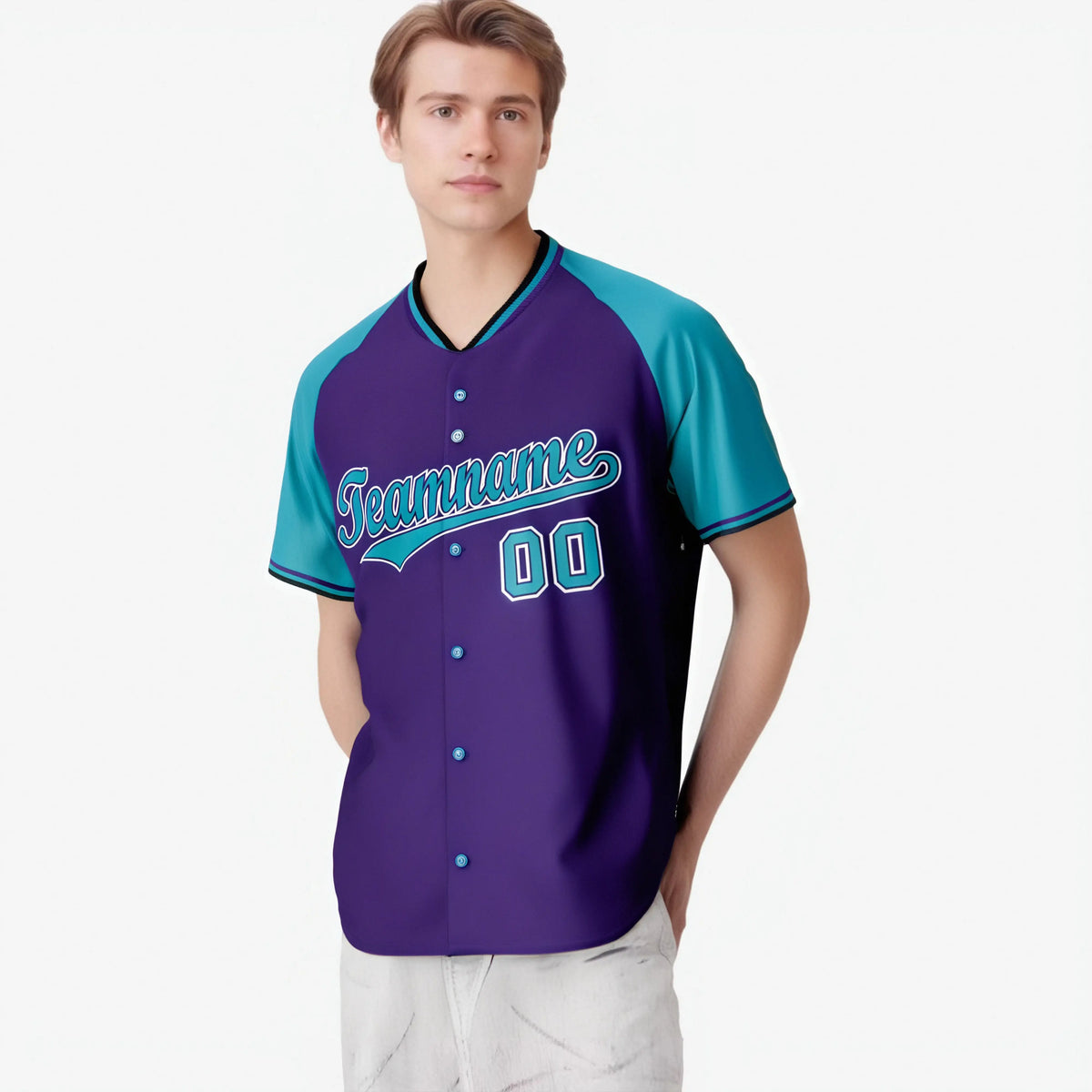 Custom Purple Aqua White Authentic Colored Buttons Baseball Jersey