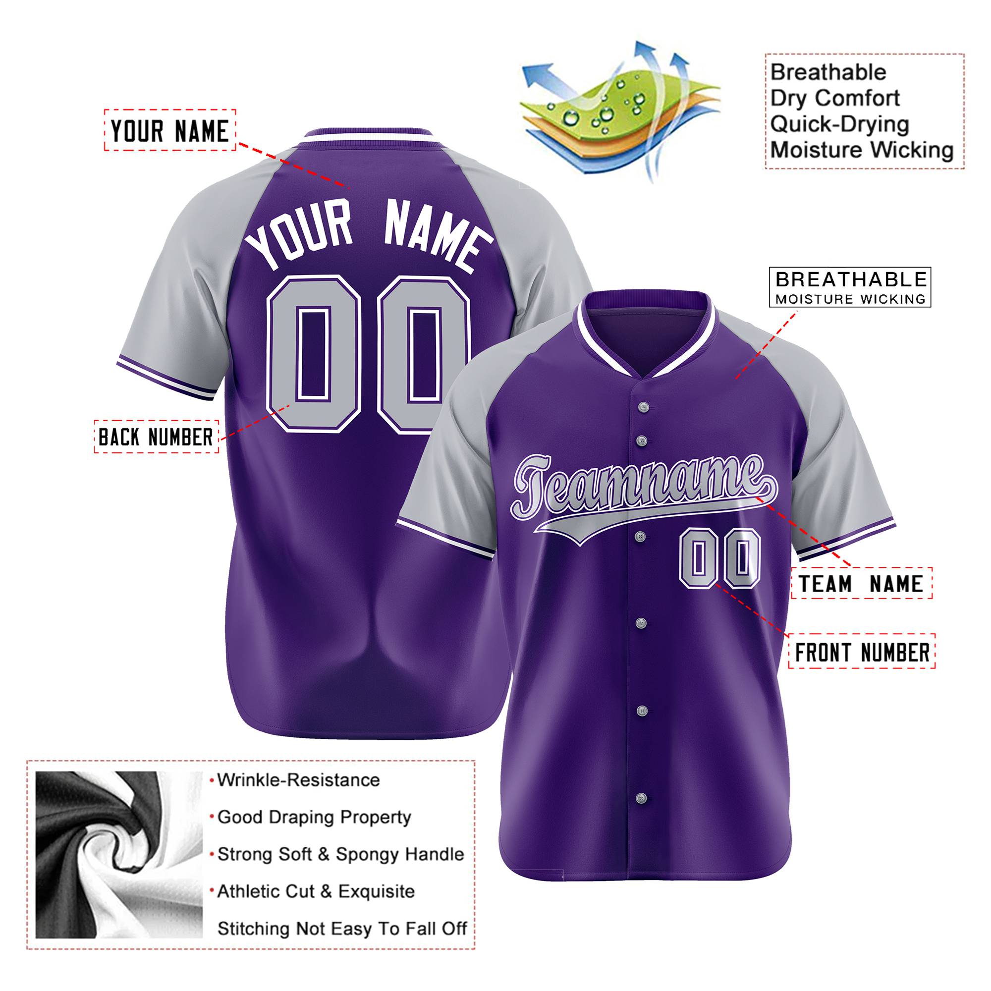 Custom Purple Gray White Authentic Colored Buttons Baseball Jersey